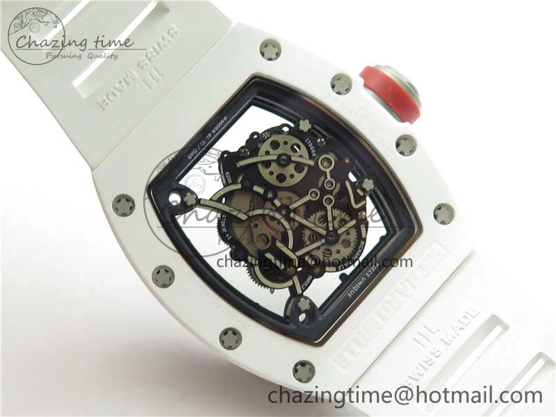 RM055 White Ceramic KVF Best Edition Skeleton Dial Black on White Rubber Strap MIYOTA8215 V3