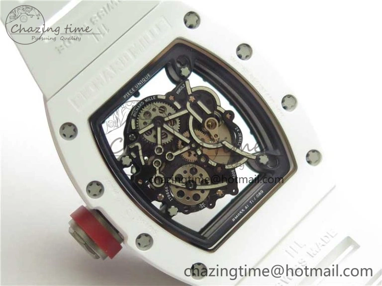 RM055 White Ceramic KVF Best Edition Skeleton Dial Black on White Rubber Strap MIYOTA8215 V3