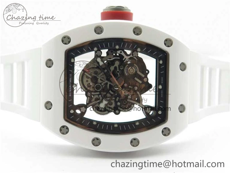 RM055 White Ceramic KVF Best Edition Skeleton Dial Black on White Rubber Strap MIYOTA8215 V3