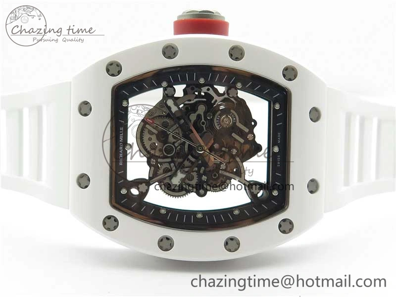 RM055 White Ceramic KVF Best Edition Skeleton Dial Black on White Rubber Strap MIYOTA8215 V3