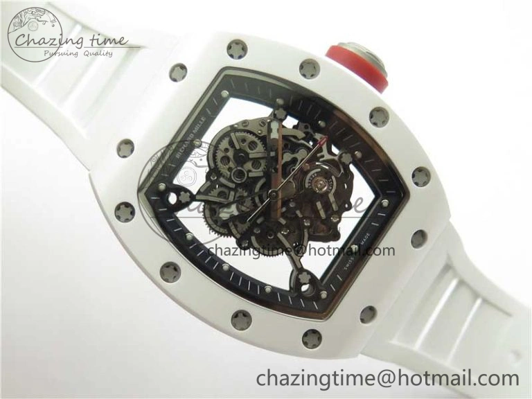RM055 White Ceramic KVF Best Edition Skeleton Dial Black on White Rubber Strap MIYOTA8215 V3
