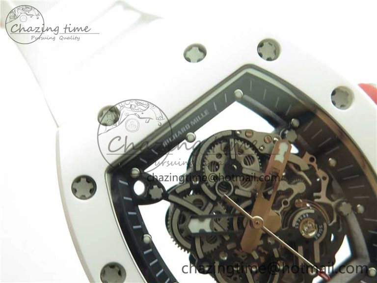 RM055 White Ceramic KVF Best Edition Skeleton Dial Black on White Rubber Strap MIYOTA8215 V3