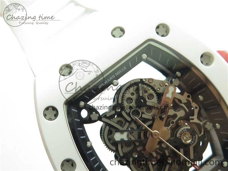 RM055 White Ceramic KVF Best Edition Skeleton Dial Black on White Rubber Strap MIYOTA8215 V3