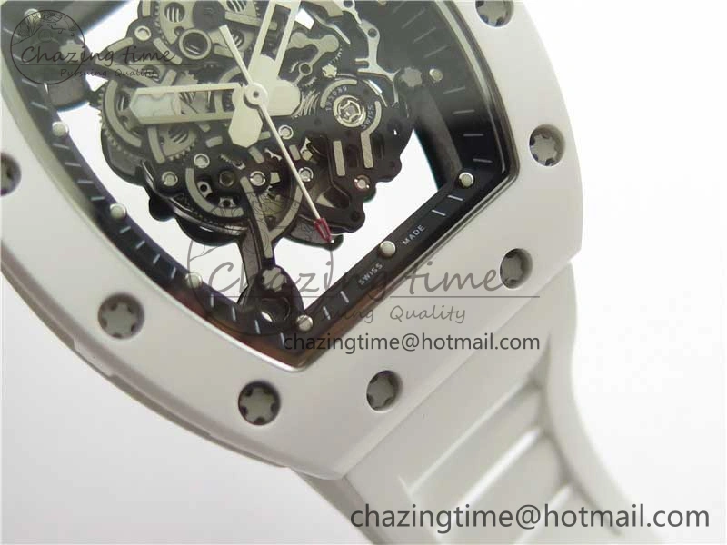 RM055 White Ceramic KVF Best Edition Skeleton Dial Black on White Rubber Strap MIYOTA8215 V3