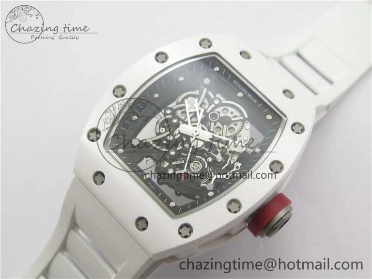 RM055 White Ceramic KVF Best Edition Skeleton Dial Black on White Rubber Strap MIYOTA8215 V3