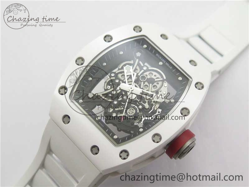 RM055 White Ceramic KVF Best Edition Skeleton Dial Black on White Rubber Strap MIYOTA8215 V3
