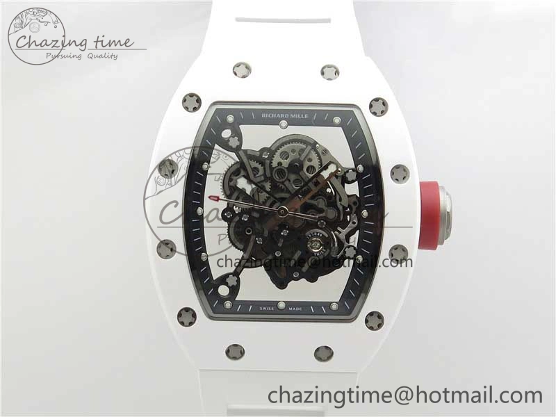 RM055 White Ceramic KVF Best Edition Skeleton Dial Black on White Rubber Strap MIYOTA8215 V3