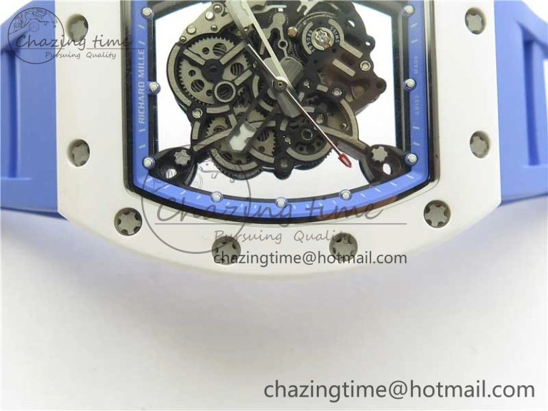 RM055 White Ceramic KVF Best Edition Skeleton Dial Blue on Rubber Strap MIYOTA8215 V3