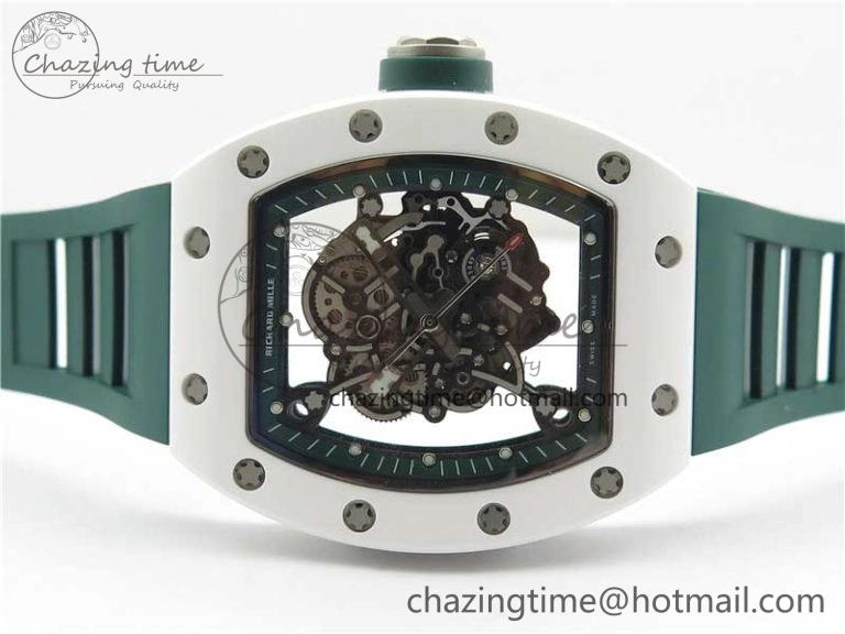 RM055 White Ceramic KVF Best Edition Skeleton Dial Green on Green Rubber Strap MIYOTA8215 V3