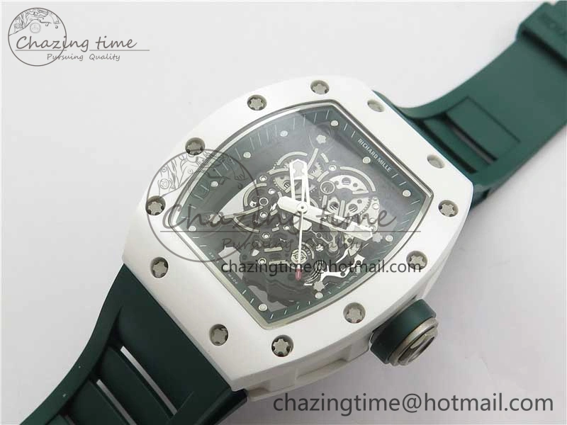 RM055 White Ceramic KVF Best Edition Skeleton Dial Green on Green Rubber Strap MIYOTA8215 V3