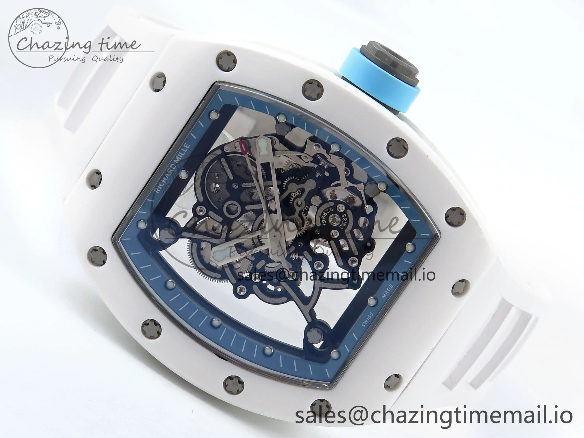RM055 White Ceramic RMF Best Edition Blue Skeleton Dial On White Rubber Strap RMUL2 Super Clone