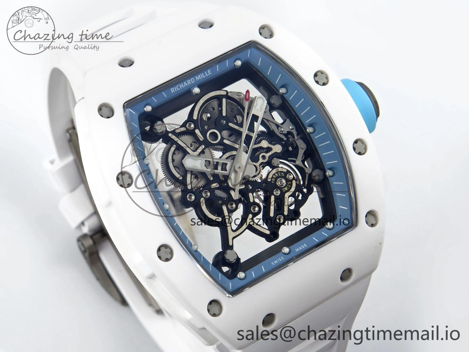 RM055 White Ceramic RMF Best Edition Blue Skeleton Dial On White Rubber Strap RMUL2 Super Clone