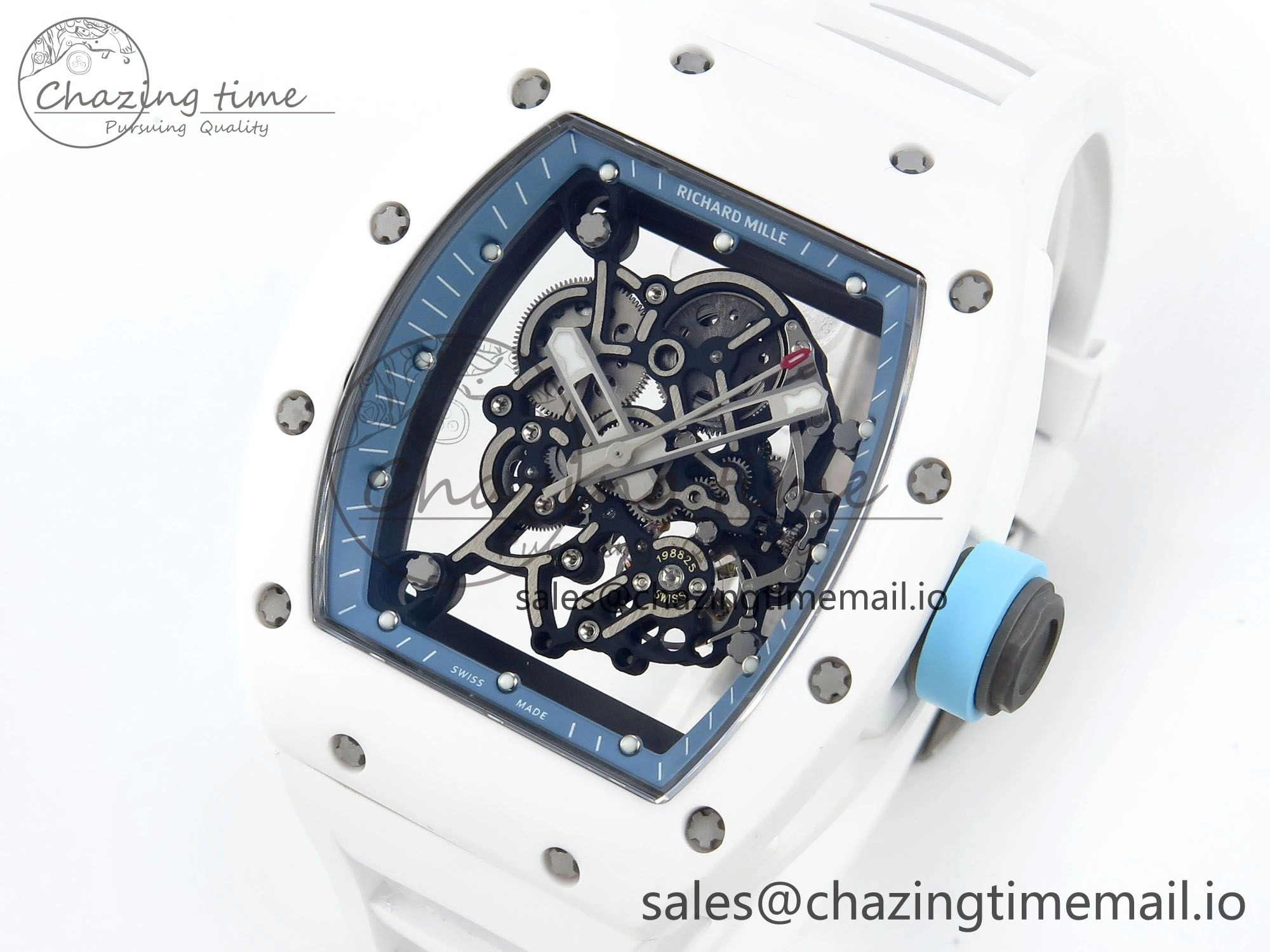RM055 White Ceramic RMF Best Edition Blue Skeleton Dial On White Rubber Strap RMUL2 Super Clone