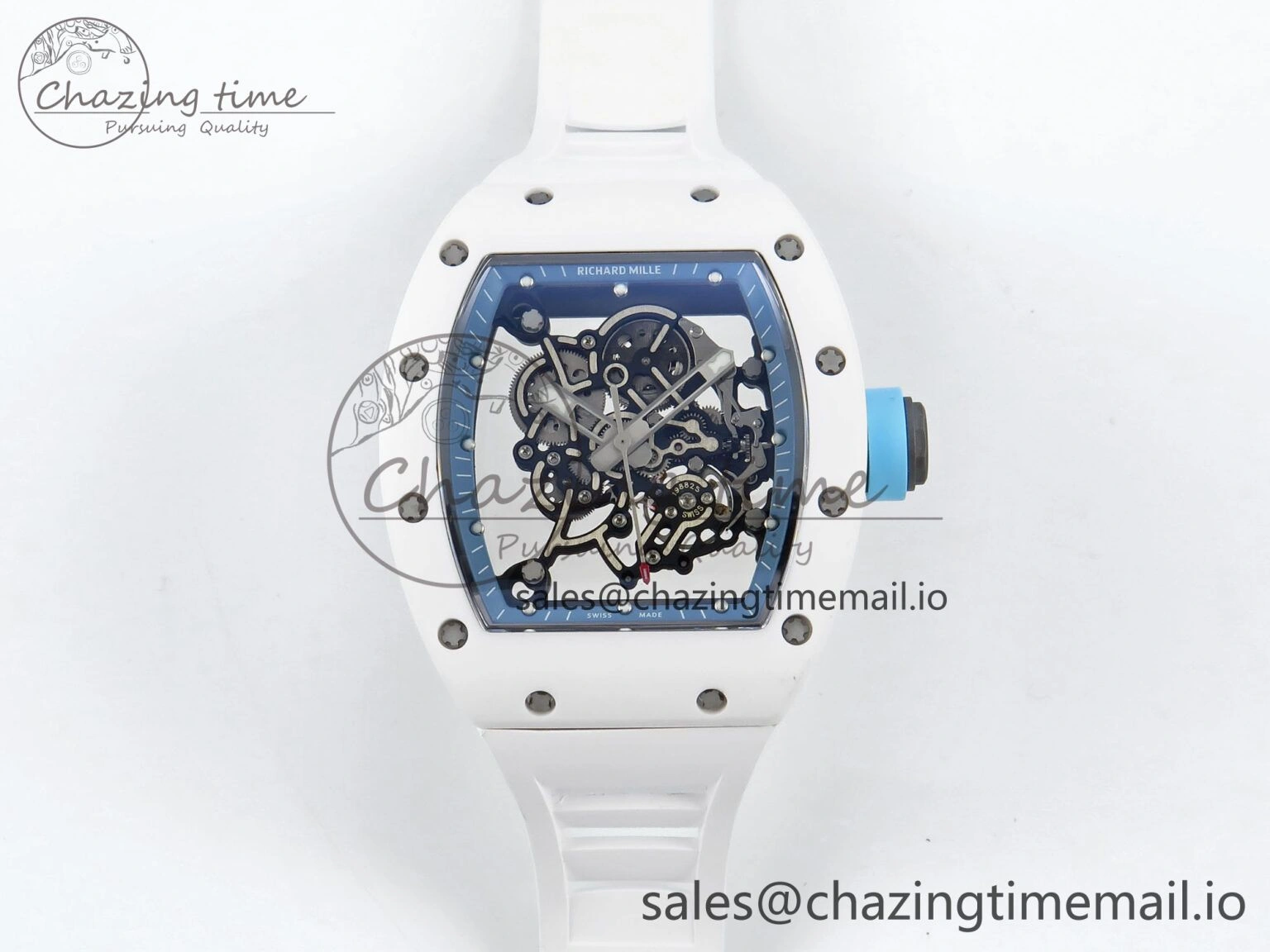 RM055 White Ceramic RMF Best Edition Blue Skeleton Dial On White Rubber Strap RMUL2 Super Clone