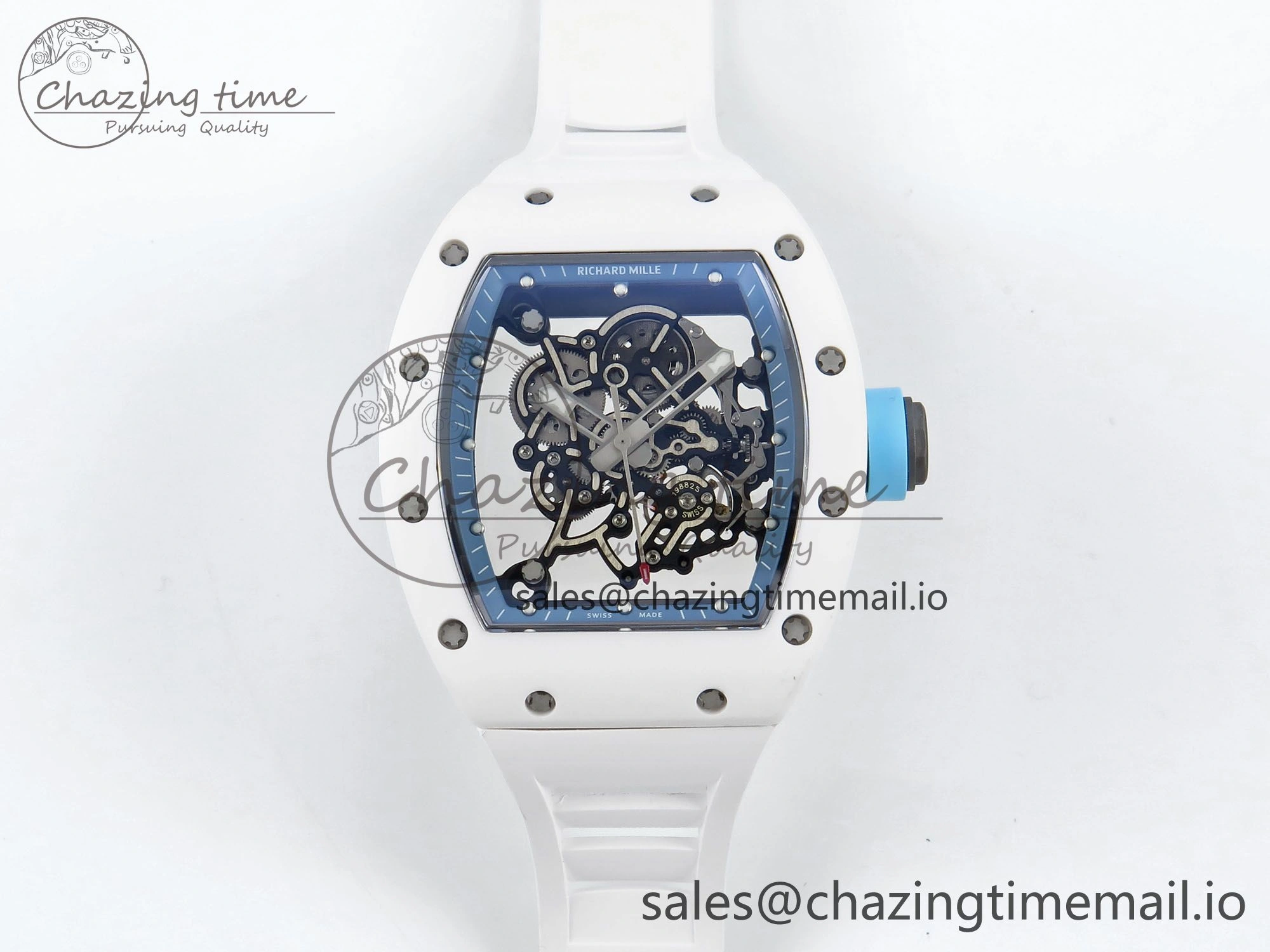 RM055 White Ceramic RMF Best Edition Blue Skeleton Dial On White Rubber Strap RMUL2 Super Clone