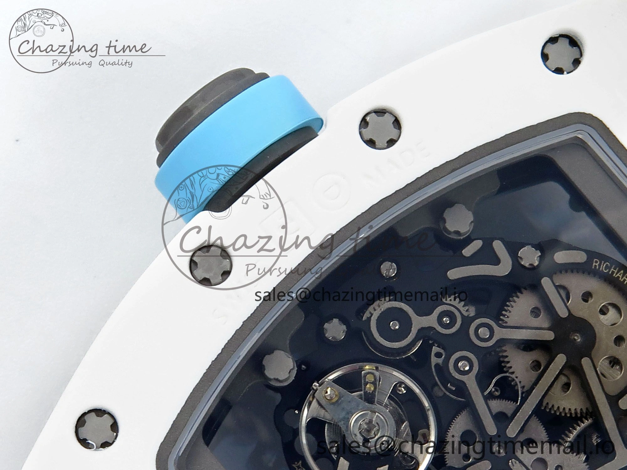 RM055 White Ceramic RMF Best Edition Blue Skeleton Dial On White Rubber Strap RMUL2 Super Clone