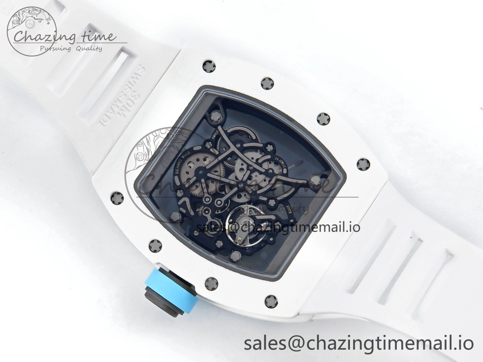 RM055 White Ceramic RMF Best Edition Blue Skeleton Dial On White Rubber Strap RMUL2 Super Clone