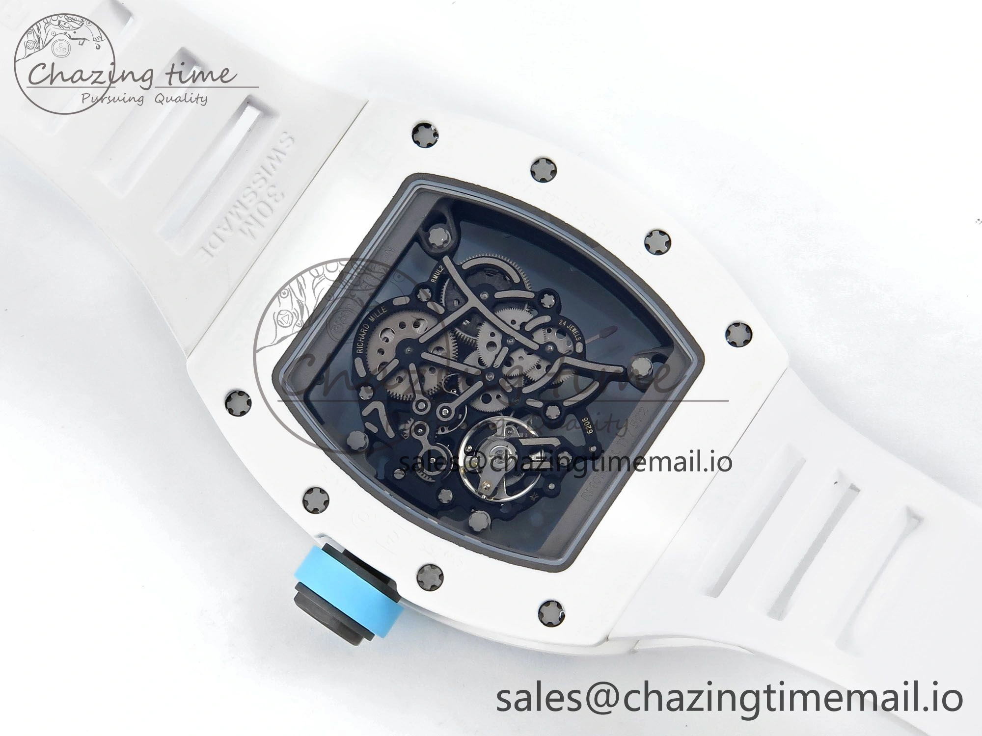 RM055 White Ceramic RMF Best Edition Blue Skeleton Dial On White Rubber Strap RMUL2 Super Clone