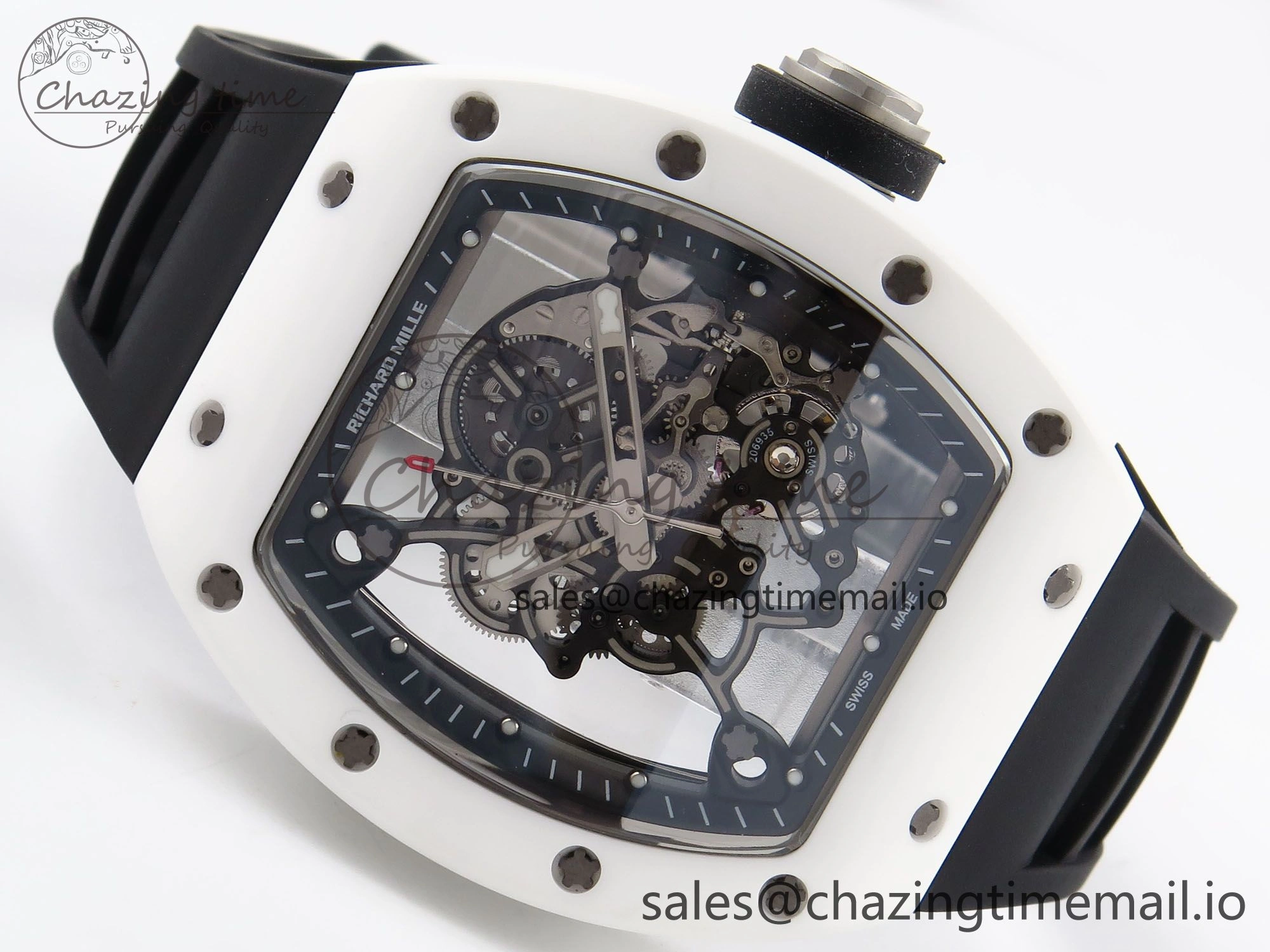 RM055 White Ceramic T+F 1:1 Best Edition Black Skeleton Dial on Black Rubber Strap RMUL2 Super Clone