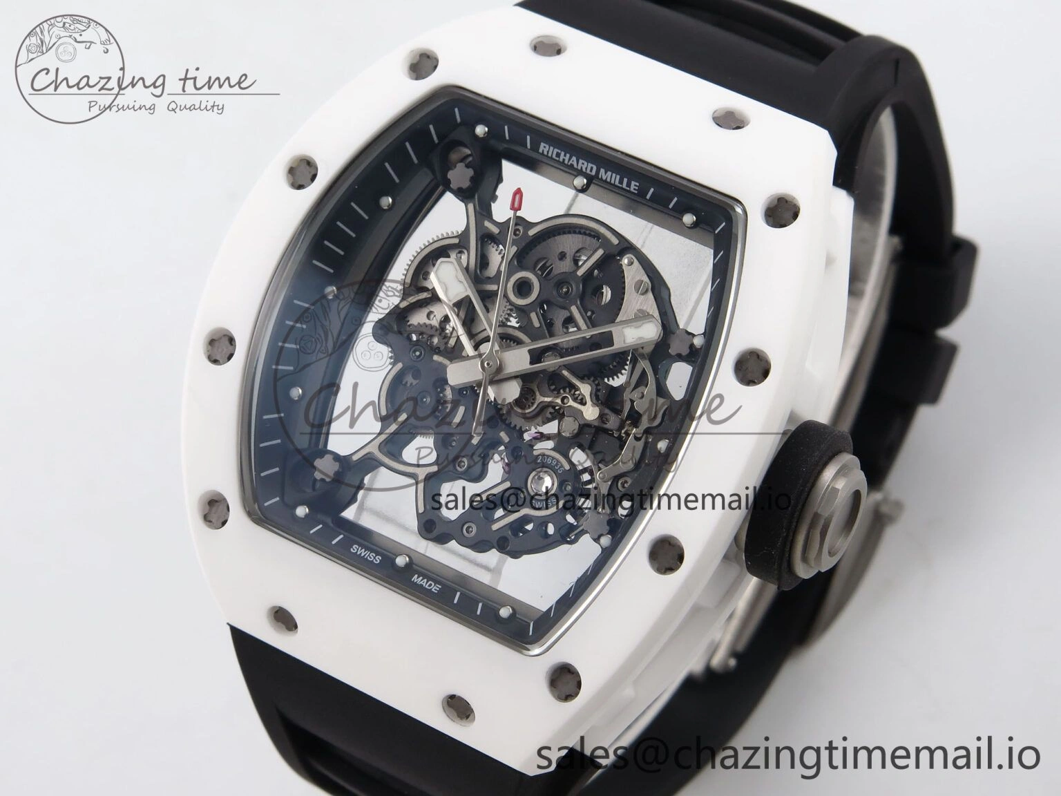 RM055 White Ceramic T+F 1:1 Best Edition Black Skeleton Dial on Black Rubber Strap RMUL2 Super Clone