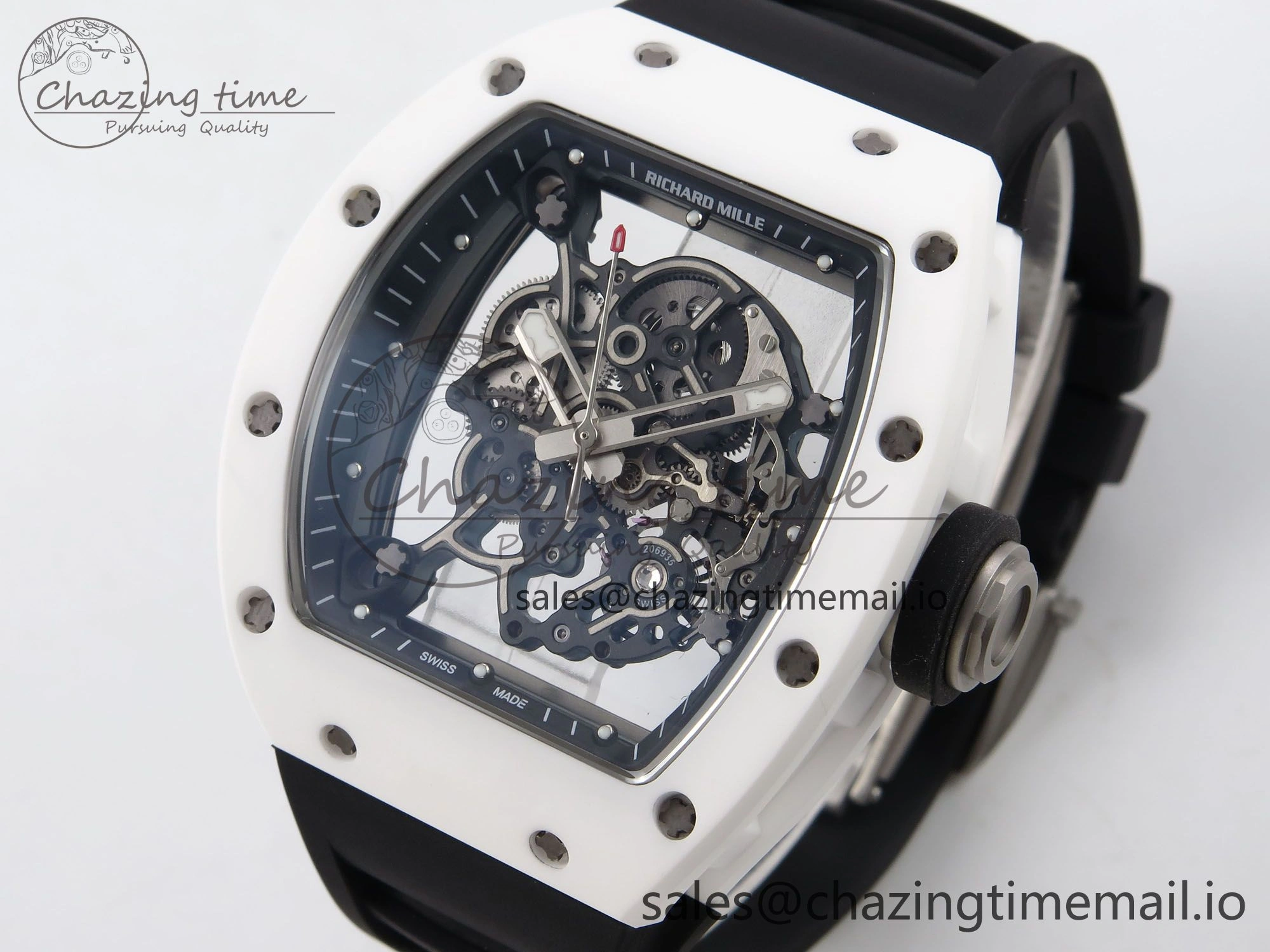 RM055 White Ceramic T+F 1:1 Best Edition Black Skeleton Dial on Black Rubber Strap RMUL2 Super Clone