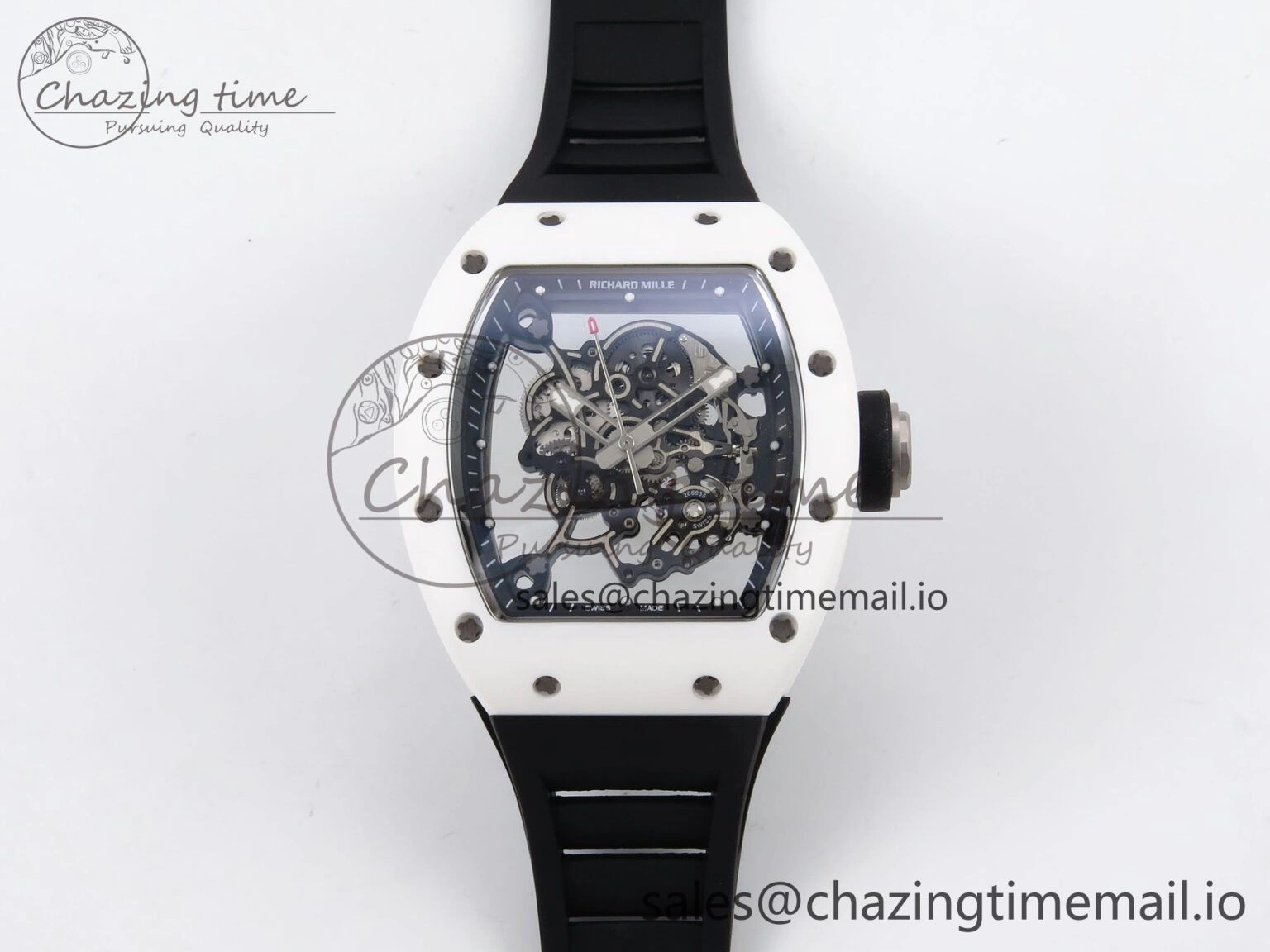 RM055 White Ceramic T+F 1:1 Best Edition Black Skeleton Dial on Black Rubber Strap RMUL2 Super Clone