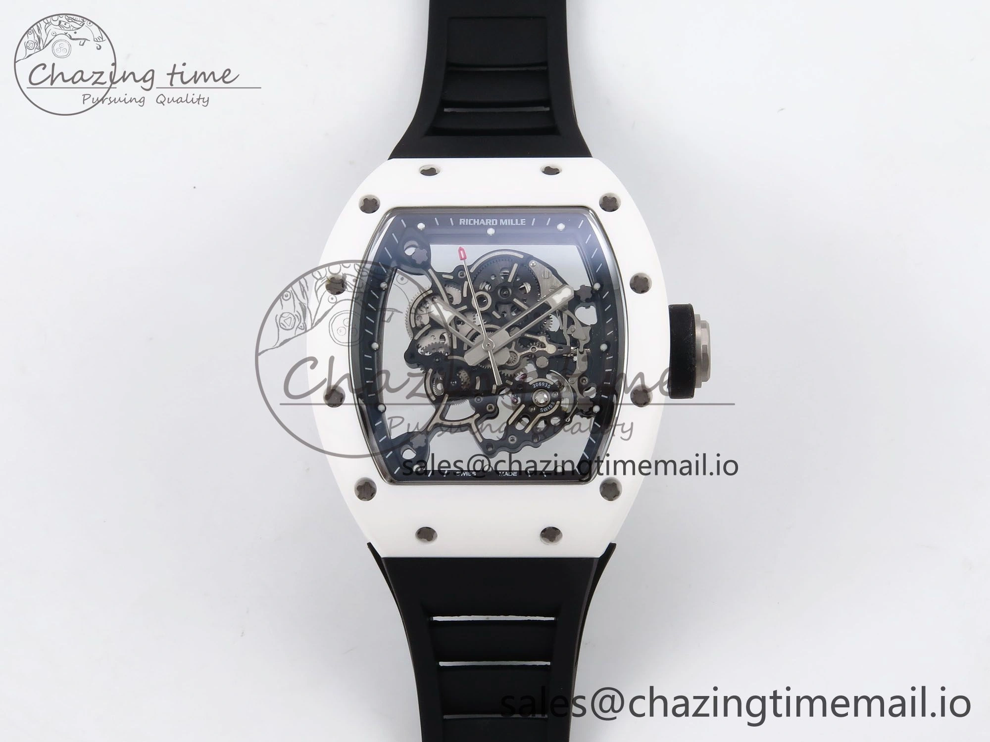 RM055 White Ceramic T+F 1:1 Best Edition Black Skeleton Dial on Black Rubber Strap RMUL2 Super Clone