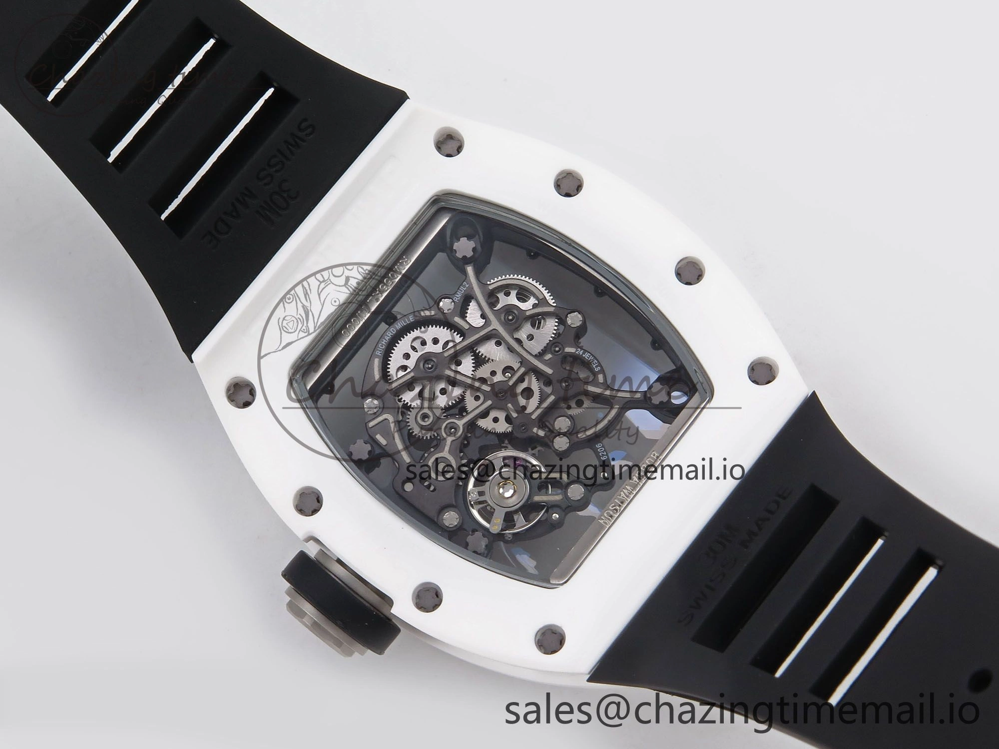 RM055 White Ceramic T+F 1:1 Best Edition Black Skeleton Dial on Black Rubber Strap RMUL2 Super Clone