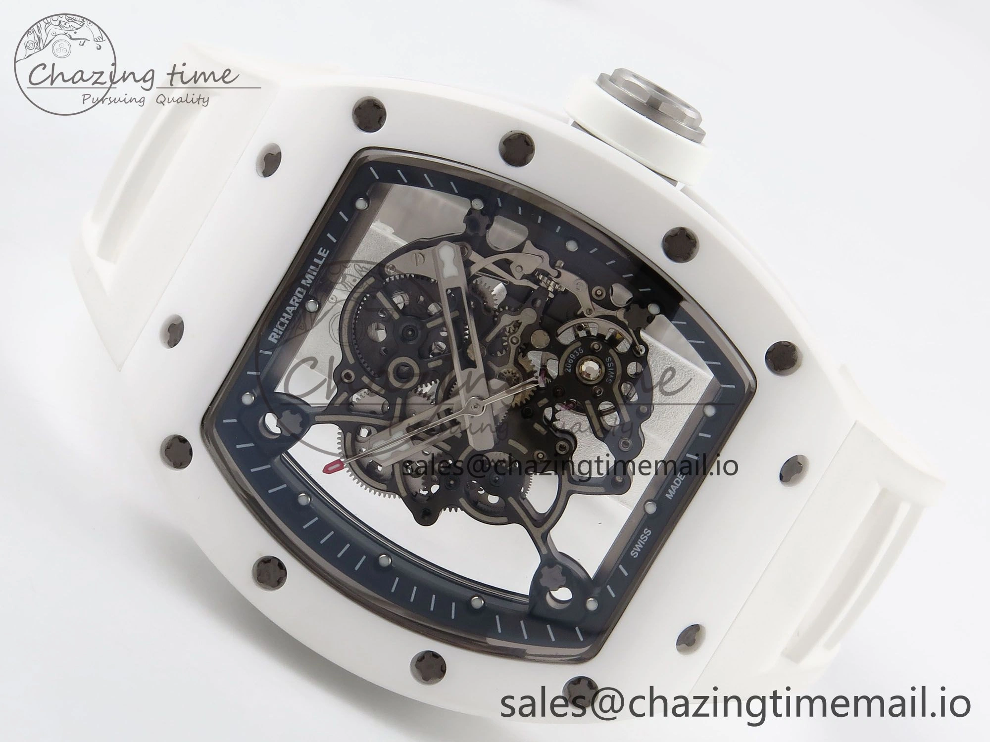 RM055 White Ceramic T+F 1:1 Best Edition Black Skeleton Dial on White Rubber Strap RMUL2 Super Clone