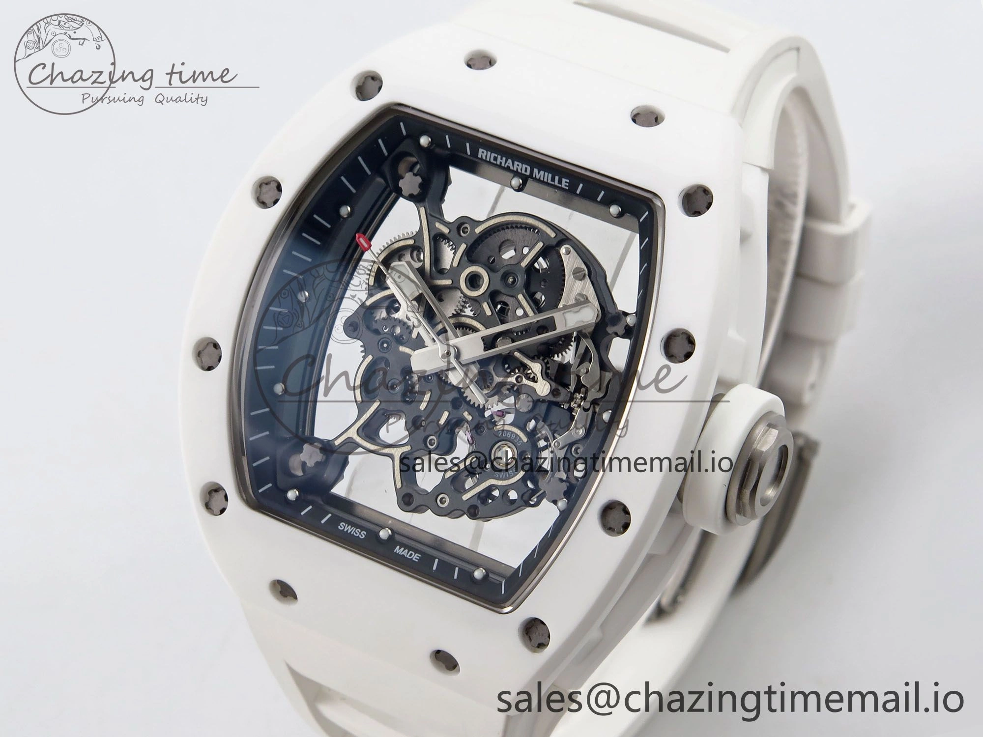RM055 White Ceramic T+F 1:1 Best Edition Black Skeleton Dial on White Rubber Strap RMUL2 Super Clone