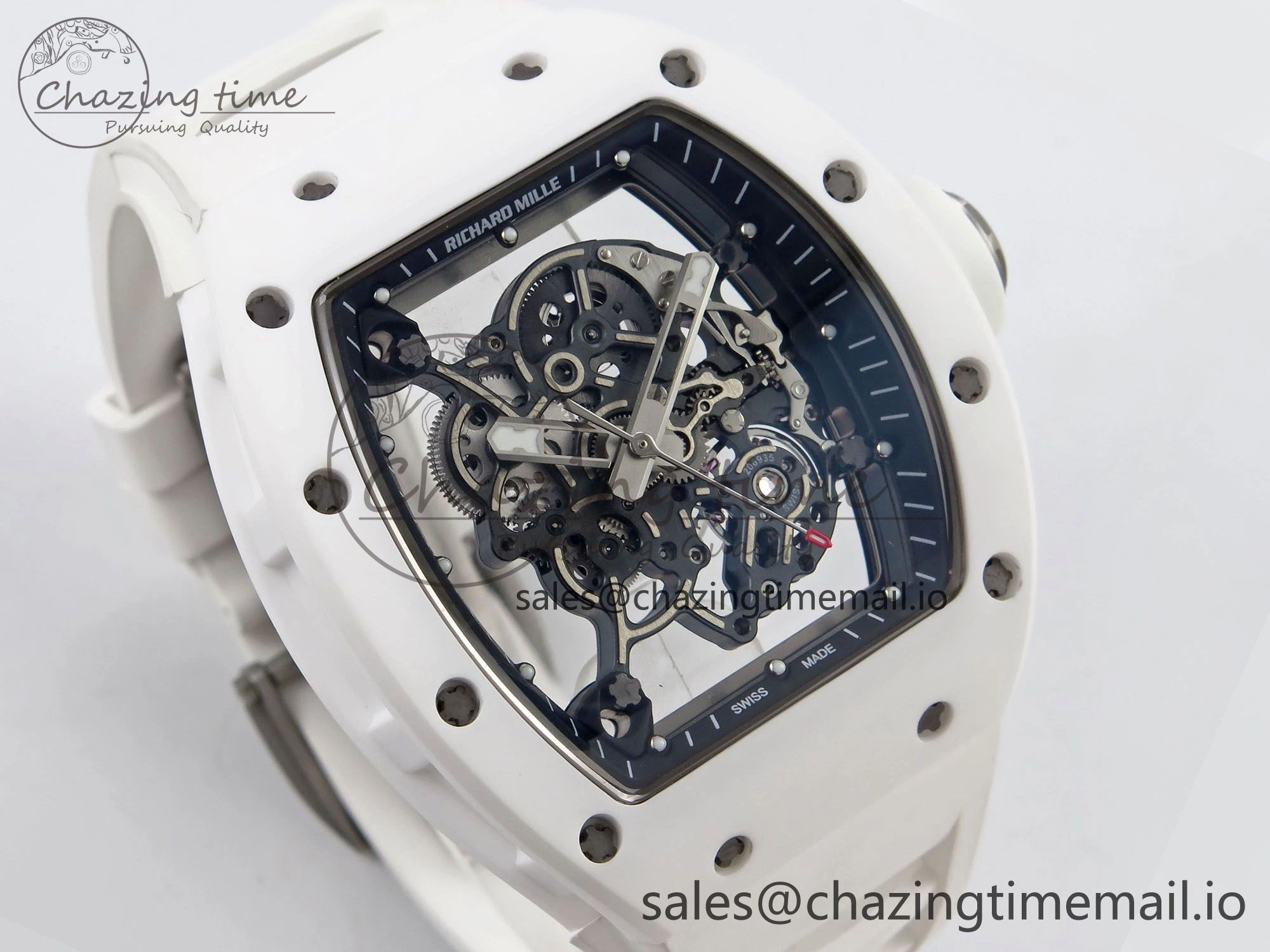 RM055 White Ceramic T+F 1:1 Best Edition Black Skeleton Dial on White Rubber Strap RMUL2 Super Clone