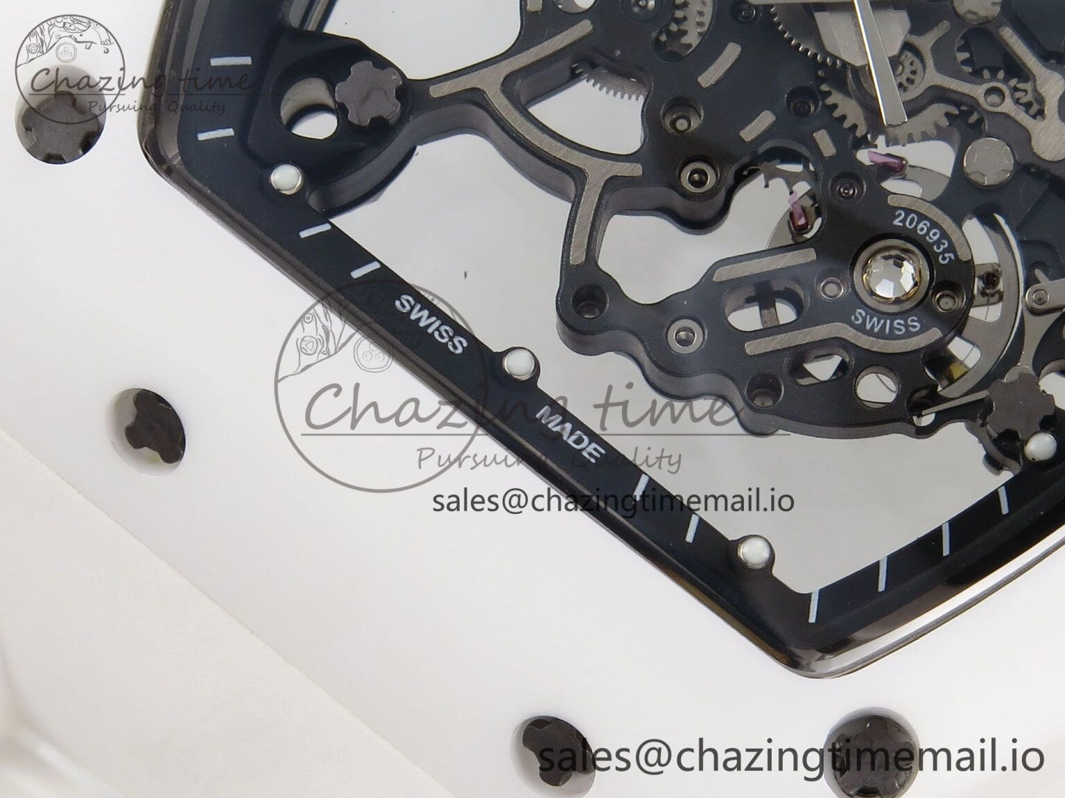 RM055 White Ceramic T+F 1:1 Best Edition Black Skeleton Dial on White Rubber Strap RMUL2 Super Clone