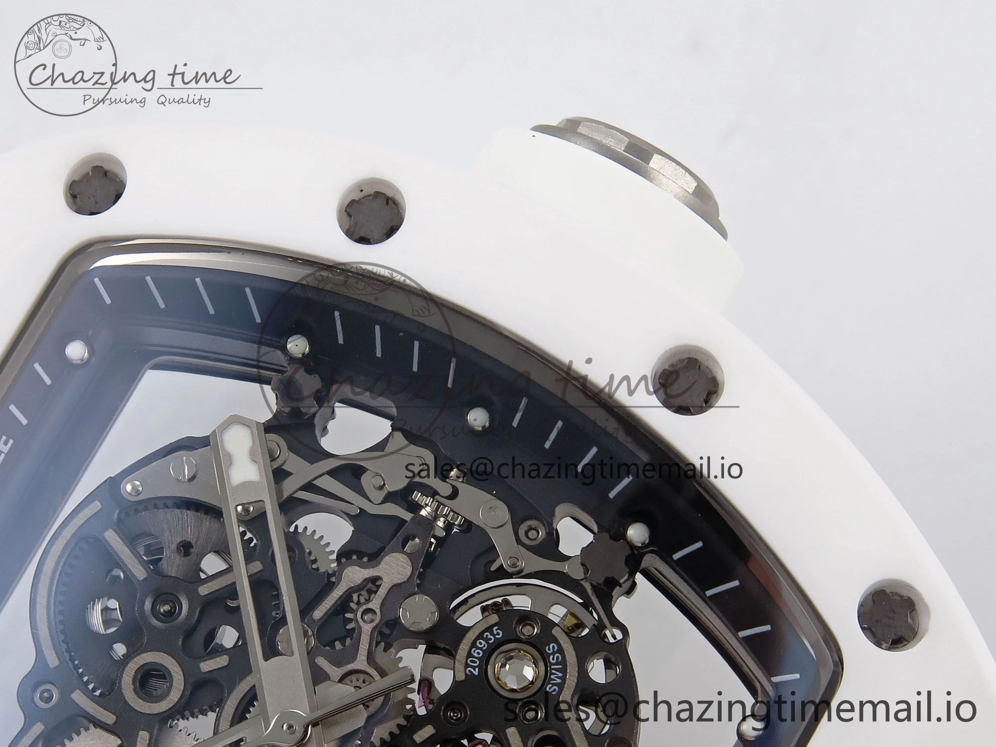 RM055 White Ceramic T+F 1:1 Best Edition Black Skeleton Dial on White Rubber Strap RMUL2 Super Clone
