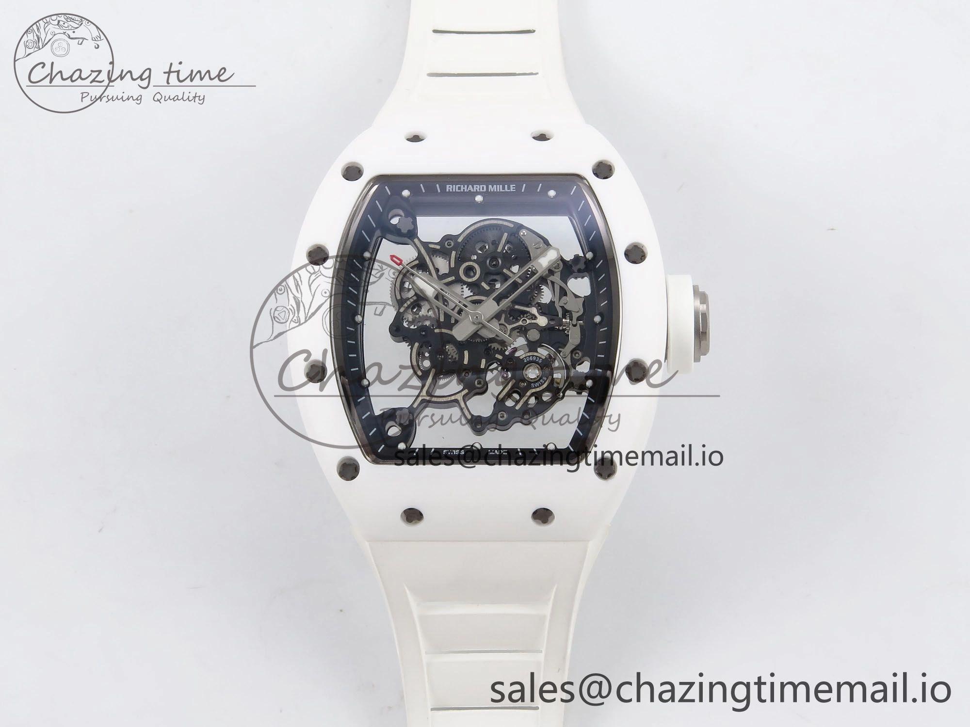 RM055 White Ceramic T+F 1:1 Best Edition Black Skeleton Dial on White Rubber Strap RMUL2 Super Clone