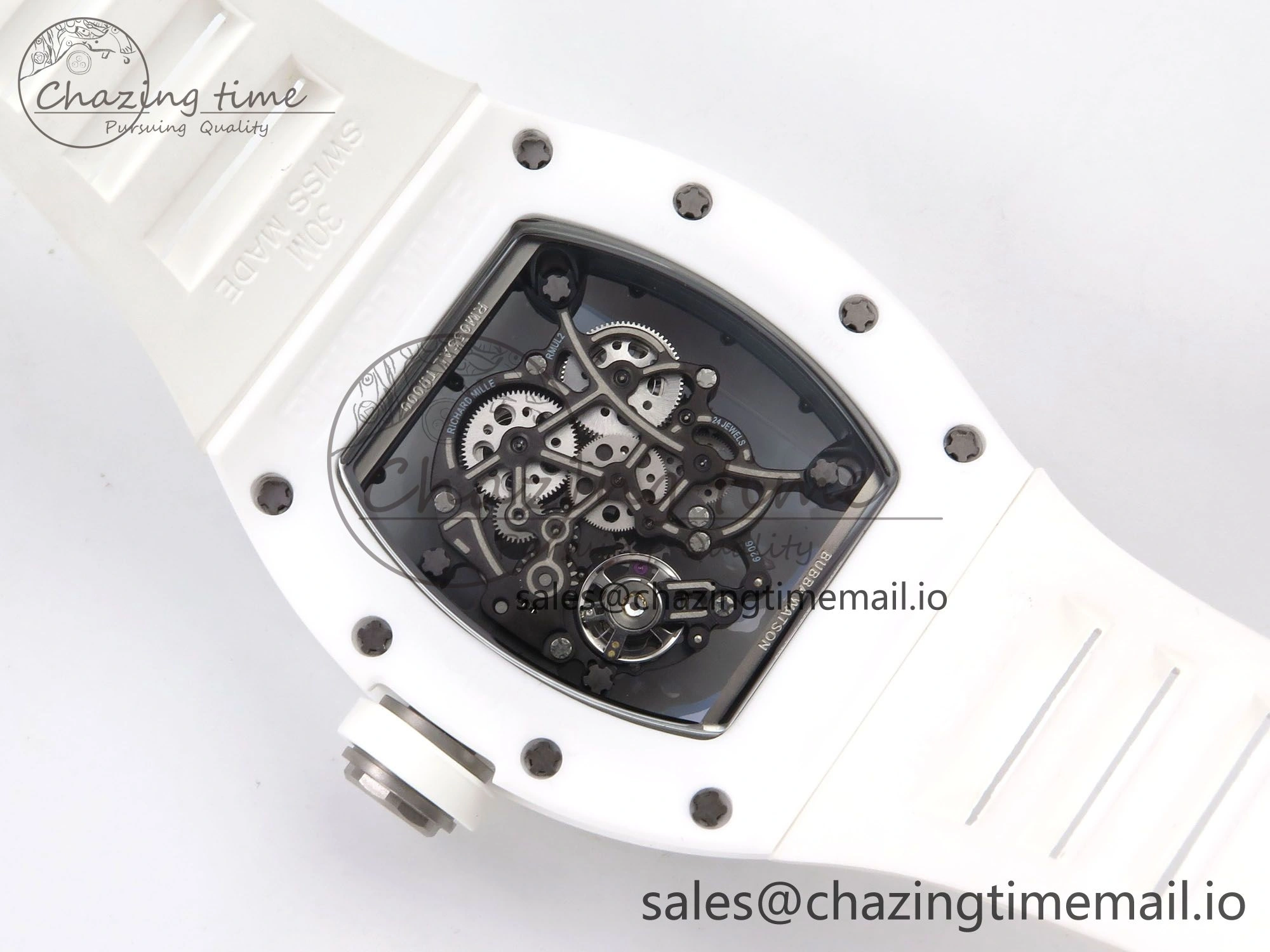 RM055 White Ceramic T+F 1:1 Best Edition Black Skeleton Dial on White Rubber Strap RMUL2 Super Clone