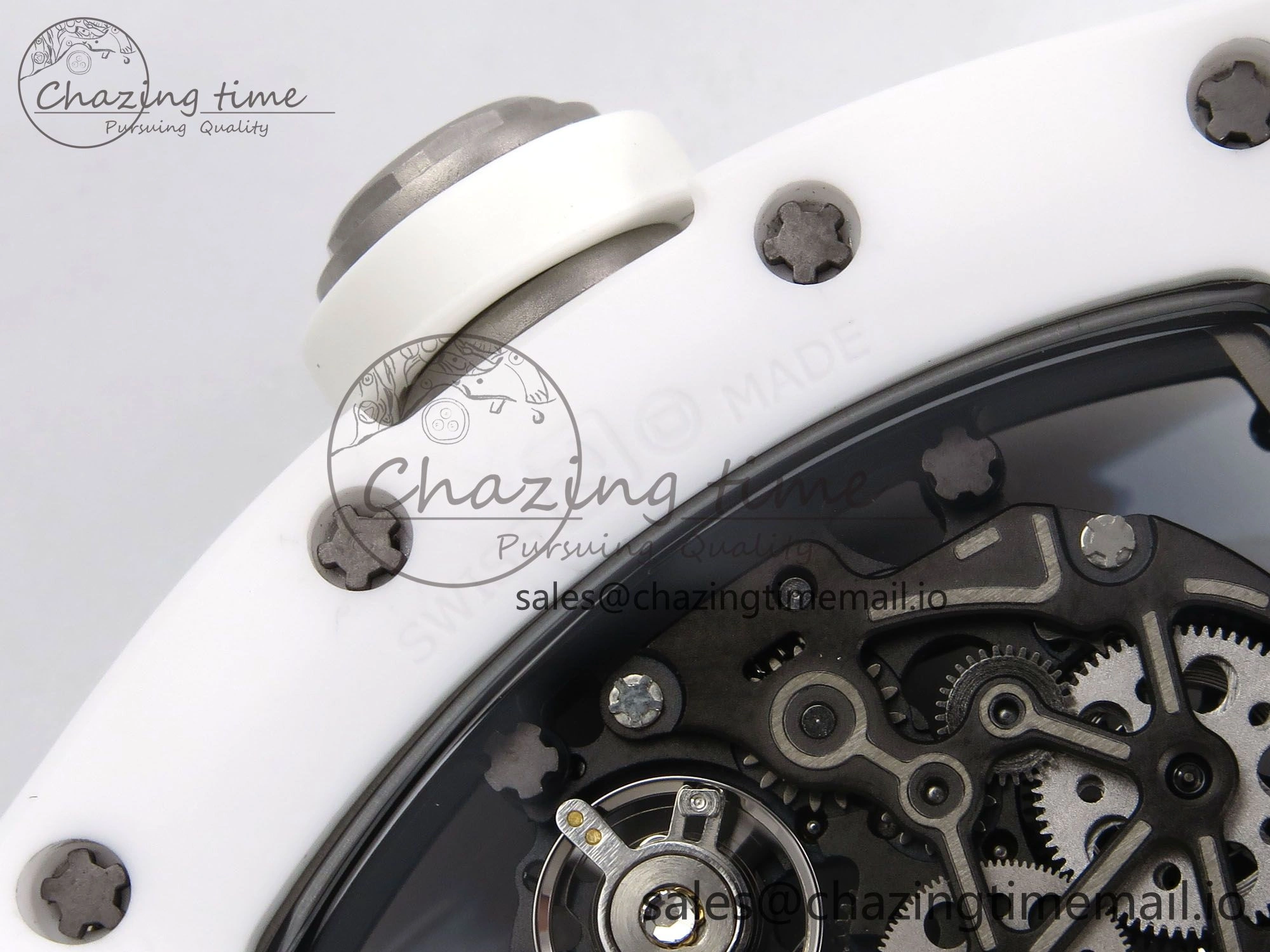 RM055 White Ceramic T+F 1:1 Best Edition Black Skeleton Dial on White Rubber Strap RMUL2 Super Clone