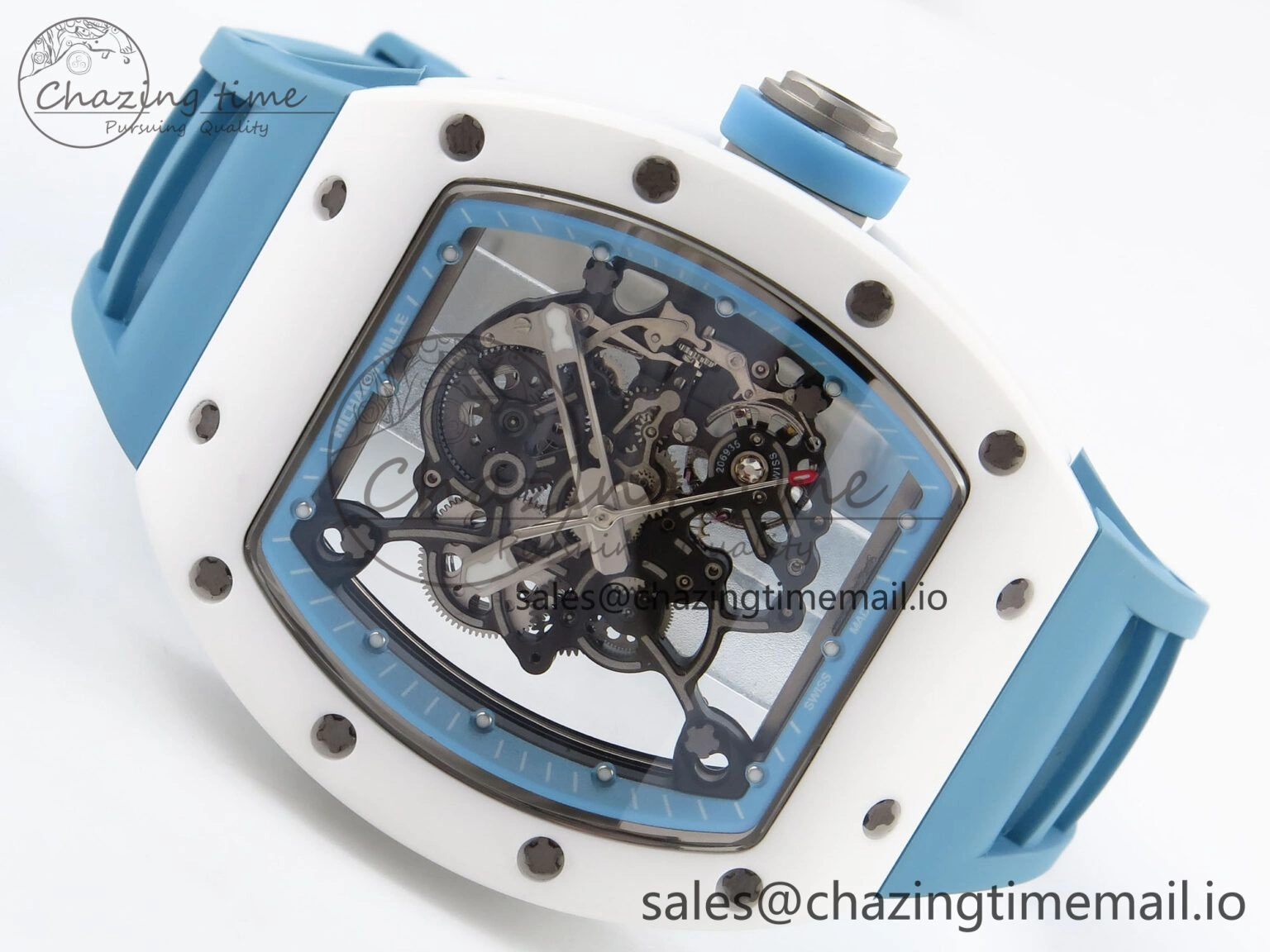 RM055 White Ceramic T+F 1:1 Best Edition Blue Skeleton Dial on Blue Rubber Strap RMUL2 Super Clone