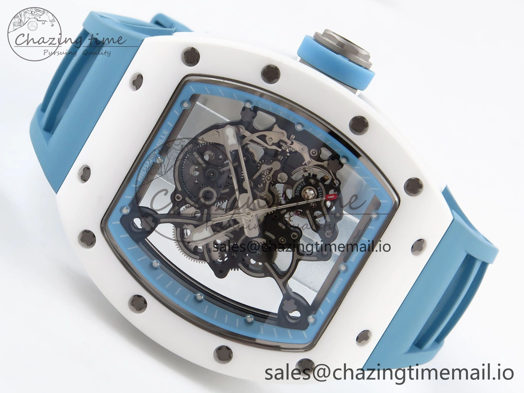 RM055 White Ceramic T+F 1:1 Best Edition Blue Skeleton Dial on Blue Rubber Strap RMUL2 Super Clone