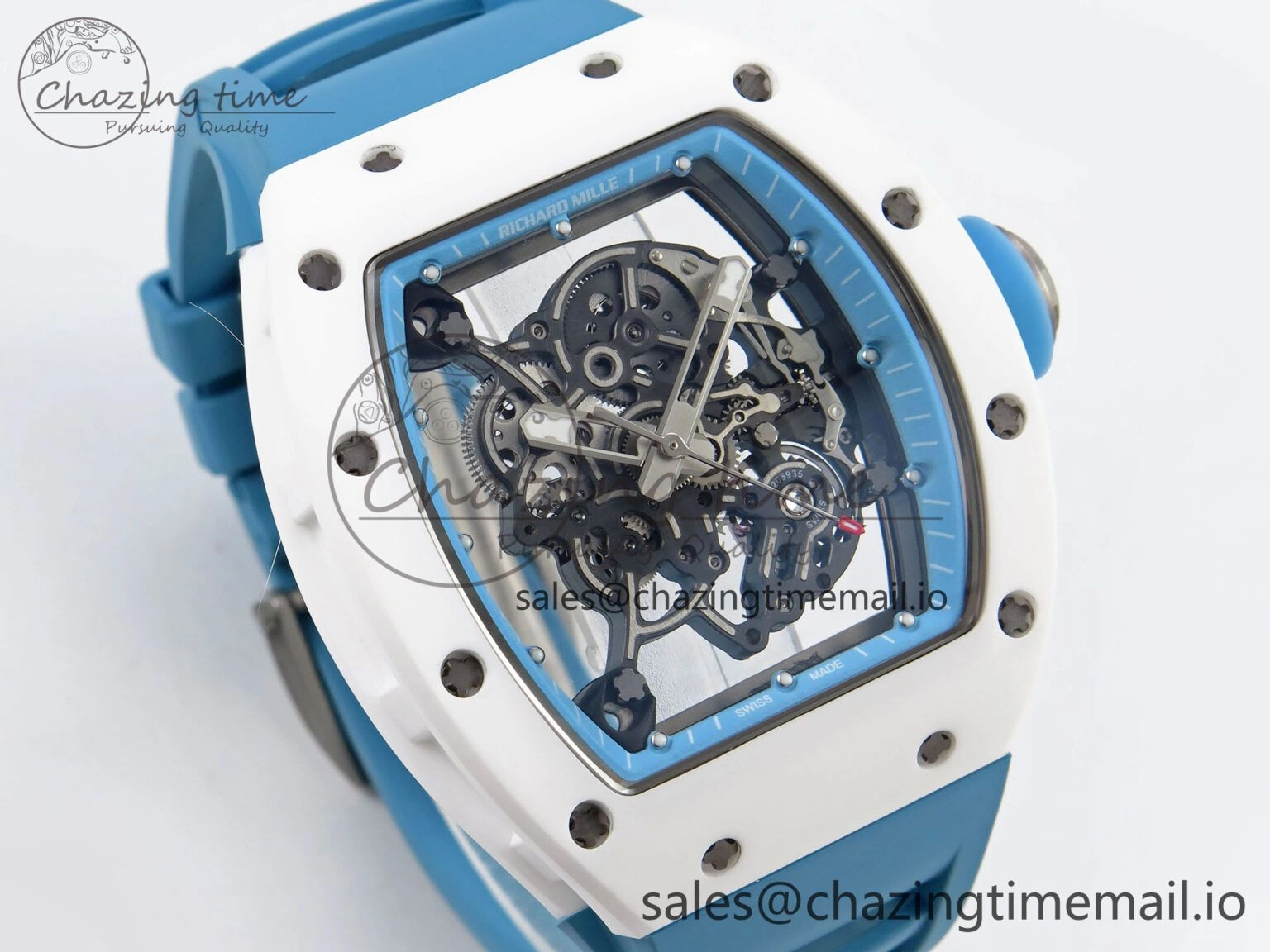 RM055 White Ceramic T+F 1:1 Best Edition Blue Skeleton Dial on Blue Rubber Strap RMUL2 Super Clone