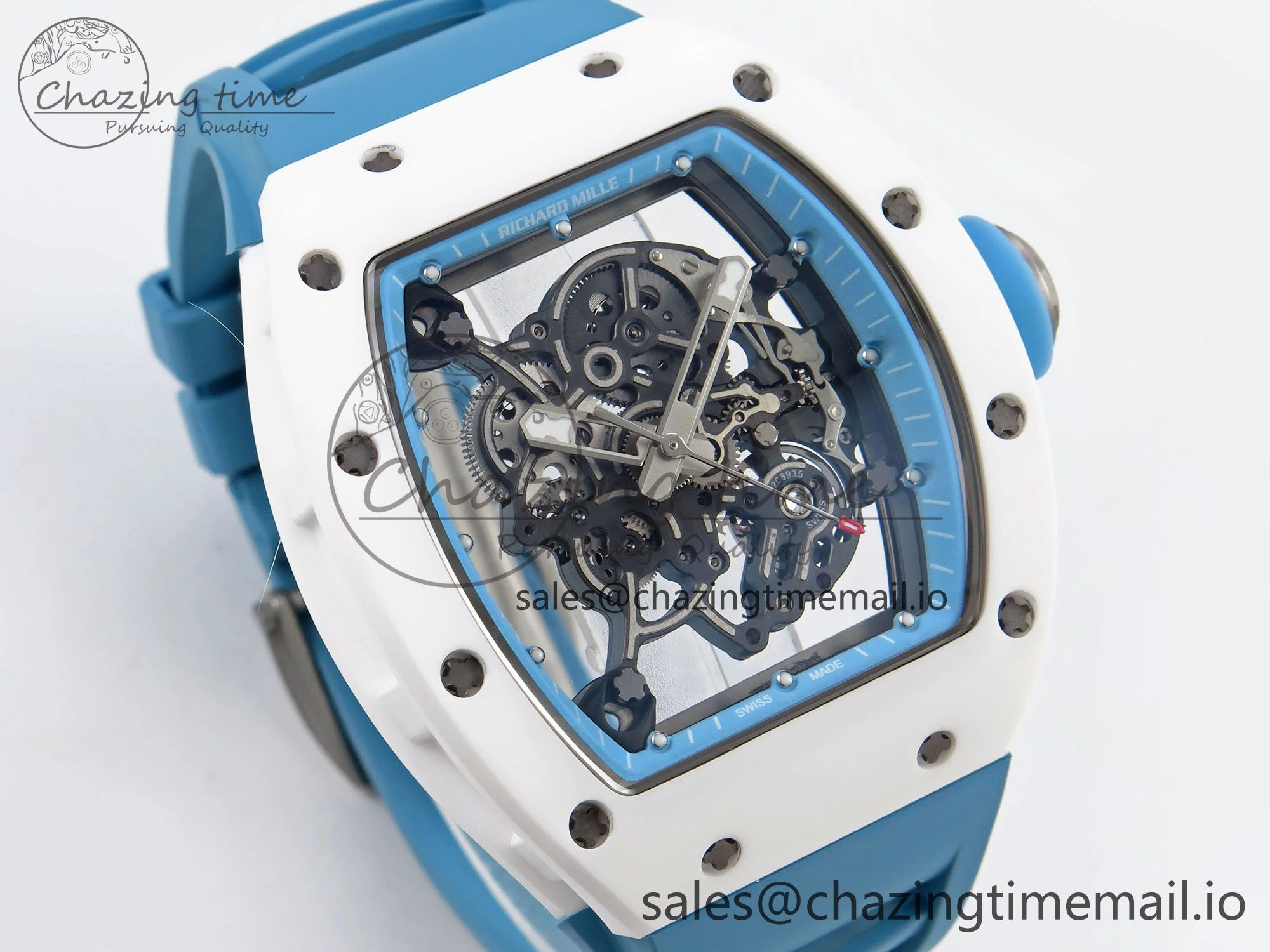 RM055 White Ceramic T+F 1:1 Best Edition Blue Skeleton Dial on Blue Rubber Strap RMUL2 Super Clone