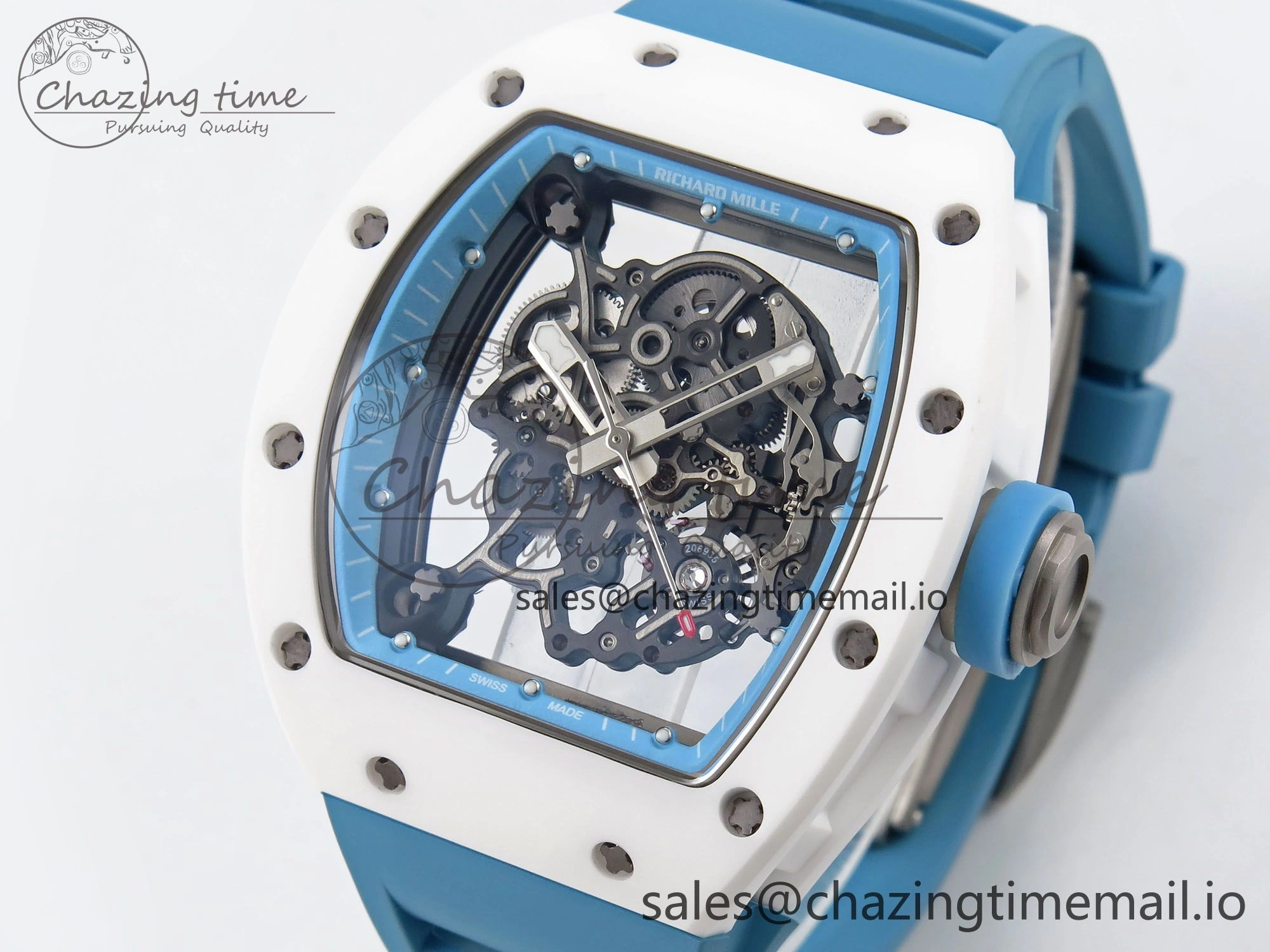 RM055 White Ceramic T+F 1:1 Best Edition Blue Skeleton Dial on Blue Rubber Strap RMUL2 Super Clone