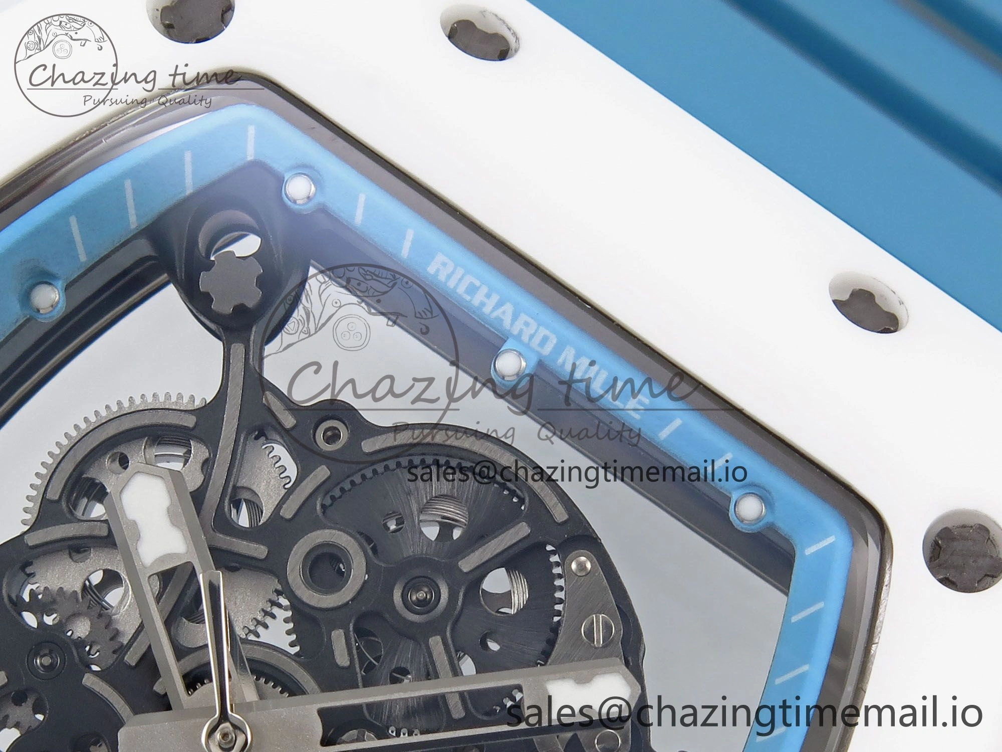 RM055 White Ceramic T+F 1:1 Best Edition Blue Skeleton Dial on Blue Rubber Strap RMUL2 Super Clone
