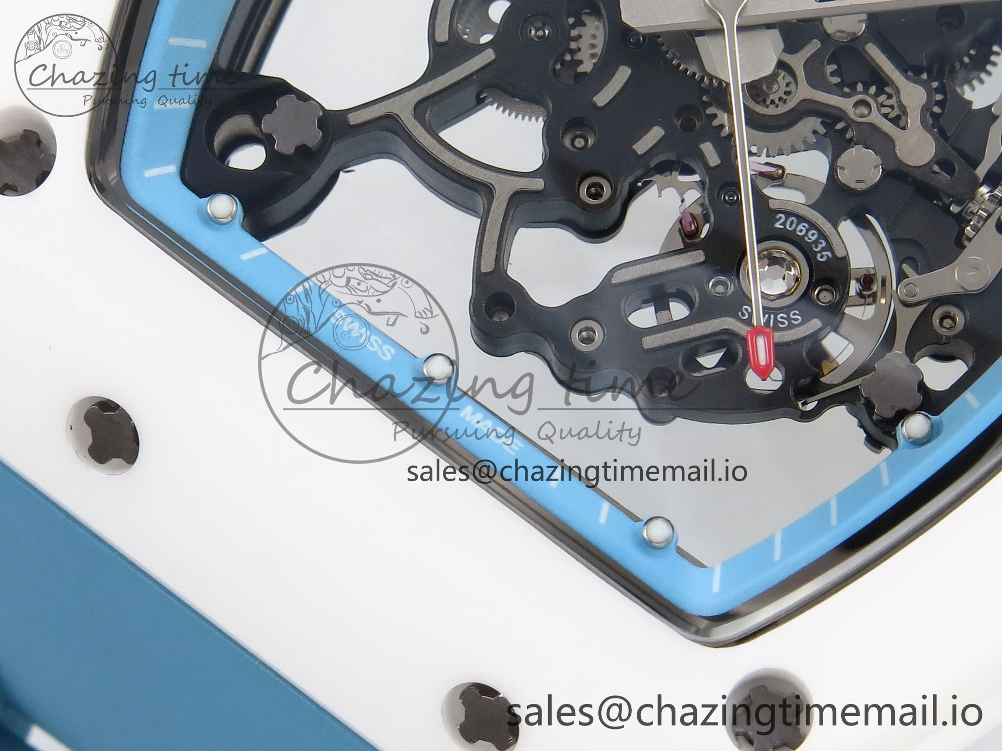 RM055 White Ceramic T+F 1:1 Best Edition Blue Skeleton Dial on Blue Rubber Strap RMUL2 Super Clone