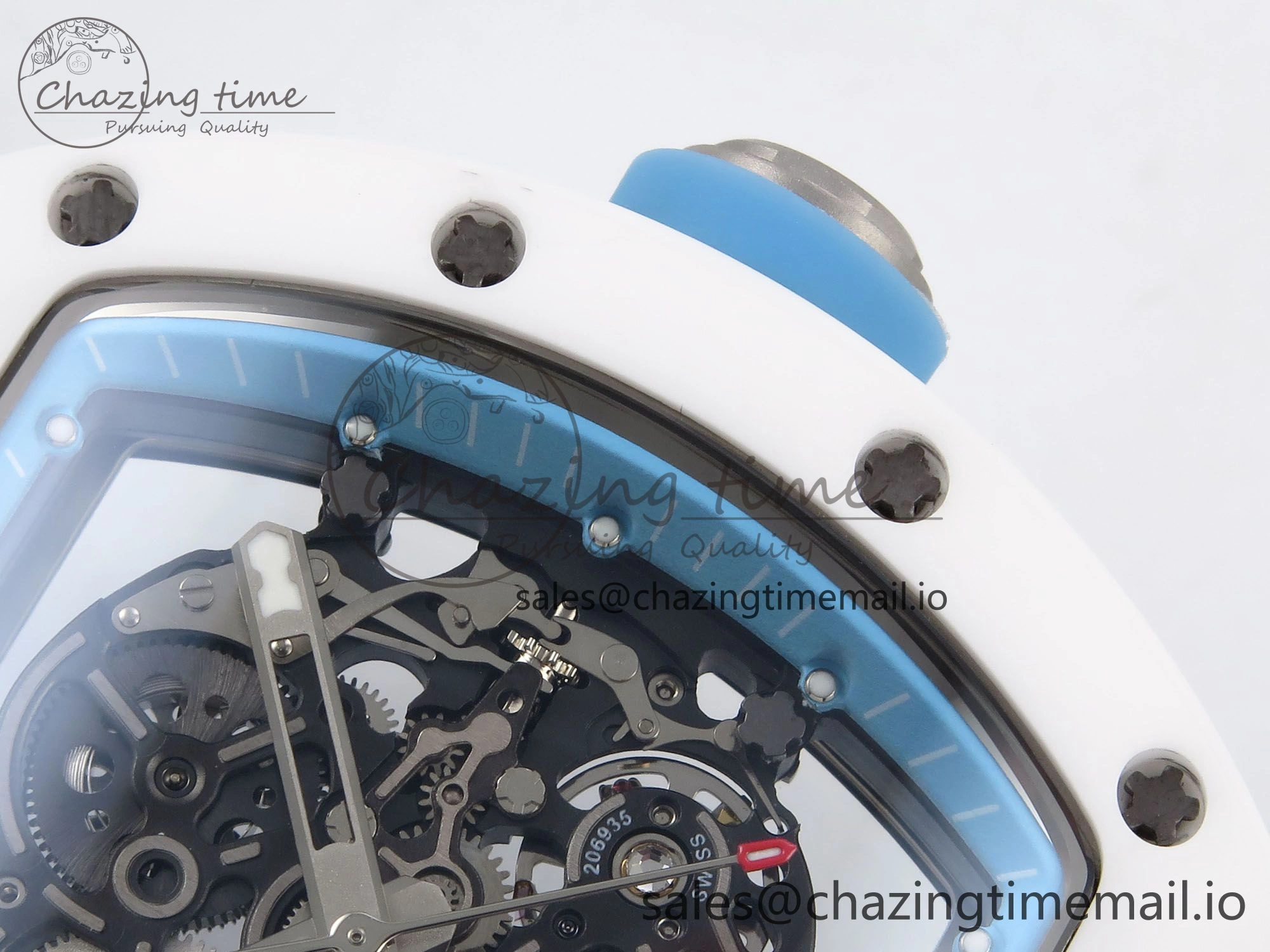 RM055 White Ceramic T+F 1:1 Best Edition Blue Skeleton Dial on Blue Rubber Strap RMUL2 Super Clone