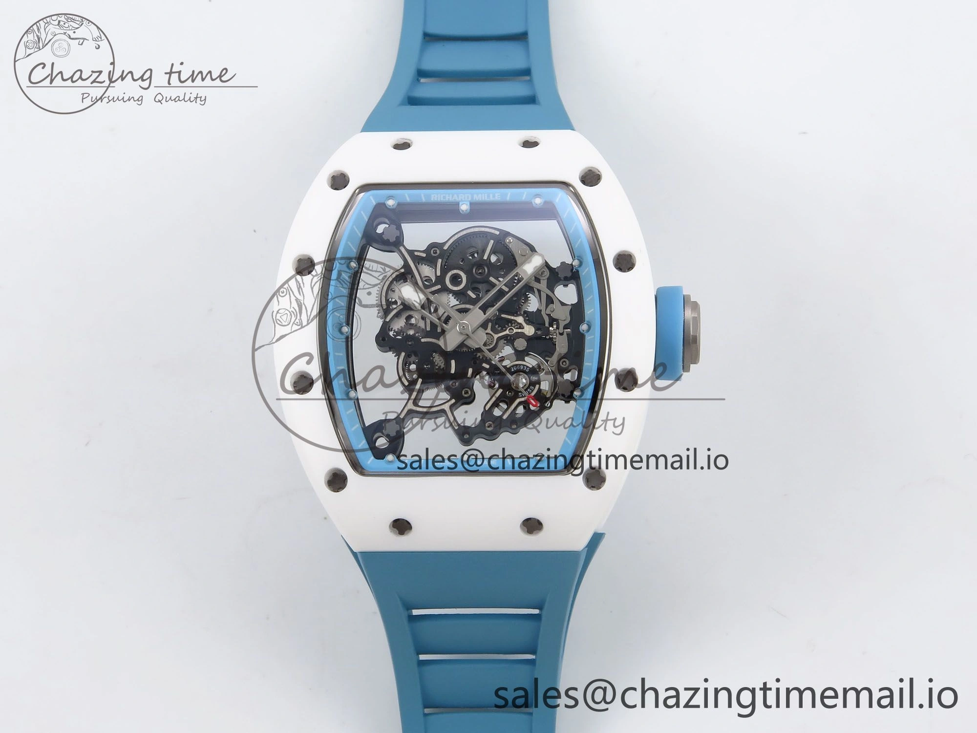 RM055 White Ceramic T+F 1:1 Best Edition Blue Skeleton Dial on Blue Rubber Strap RMUL2 Super Clone