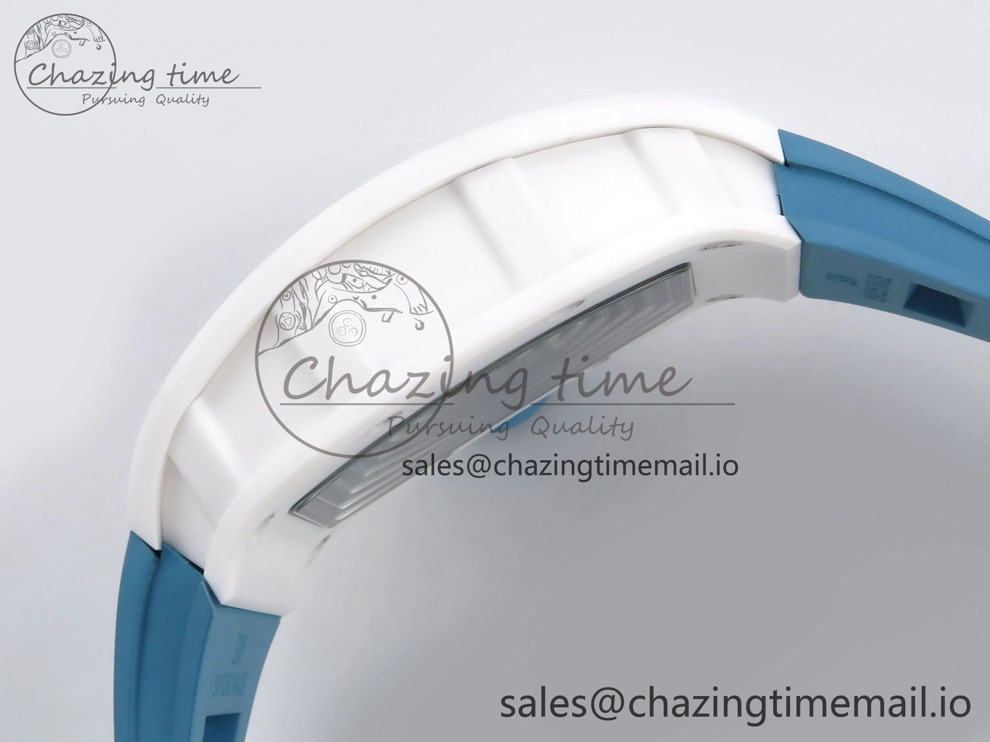 RM055 White Ceramic T+F 1:1 Best Edition Blue Skeleton Dial on Blue Rubber Strap RMUL2 Super Clone