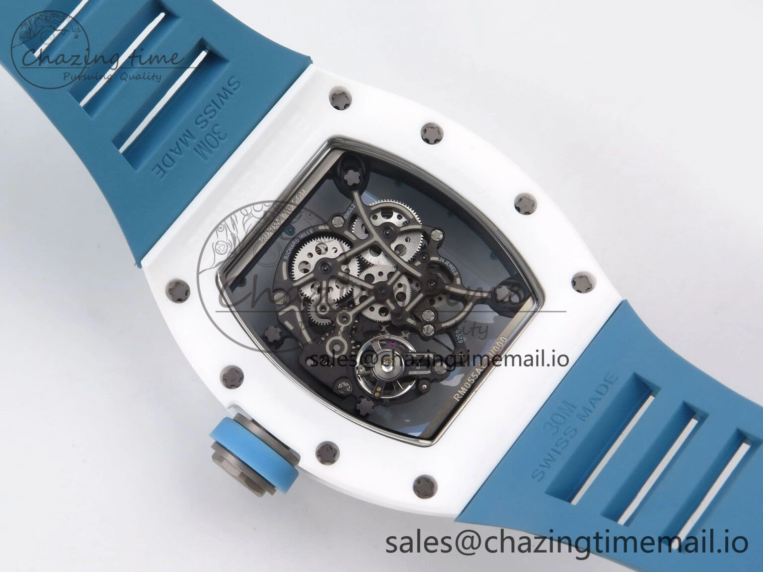 RM055 White Ceramic T+F 1:1 Best Edition Blue Skeleton Dial on Blue Rubber Strap RMUL2 Super Clone