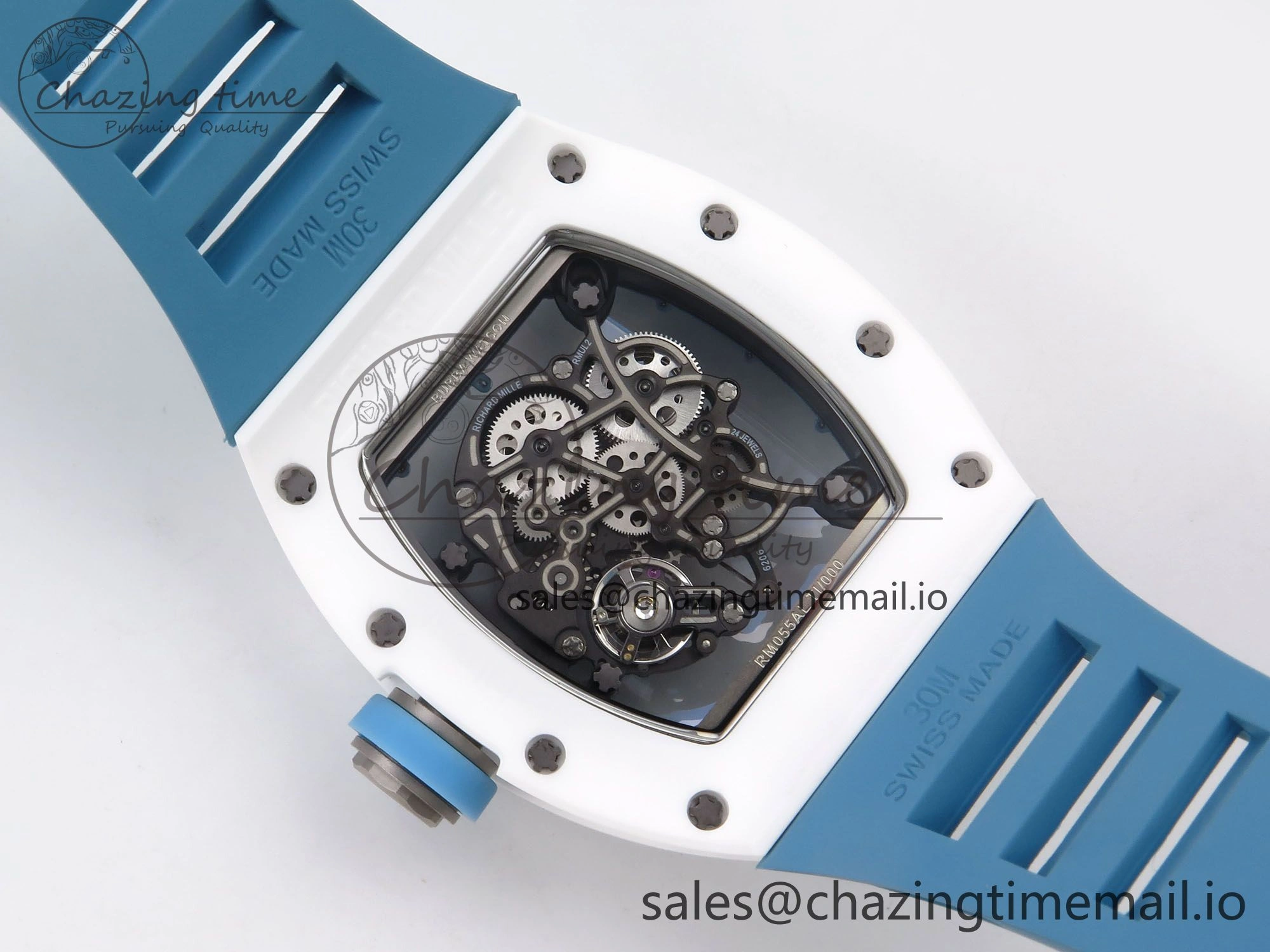 RM055 White Ceramic T+F 1:1 Best Edition Blue Skeleton Dial on Blue Rubber Strap RMUL2 Super Clone