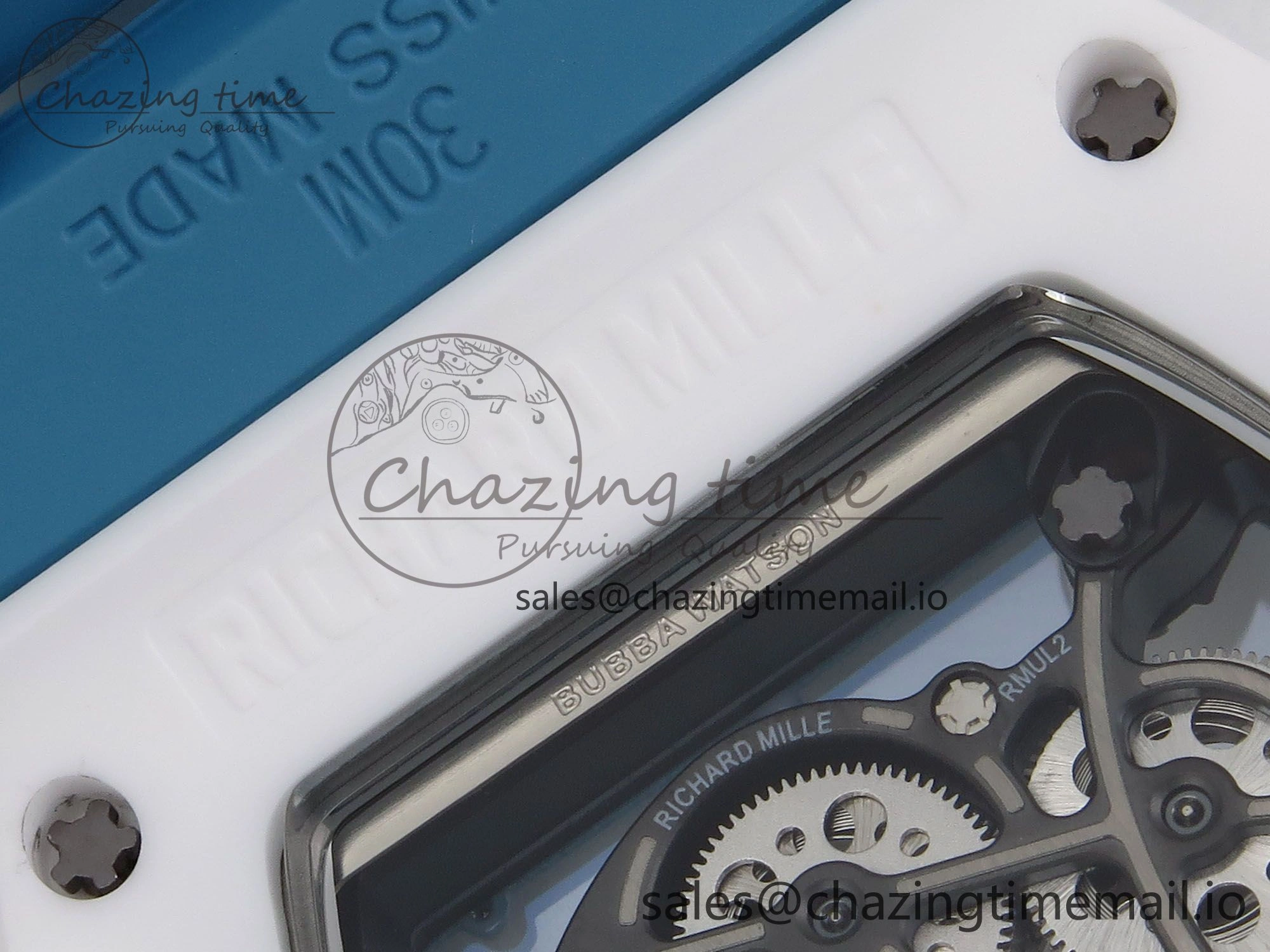 RM055 White Ceramic T+F 1:1 Best Edition Blue Skeleton Dial on Blue Rubber Strap RMUL2 Super Clone