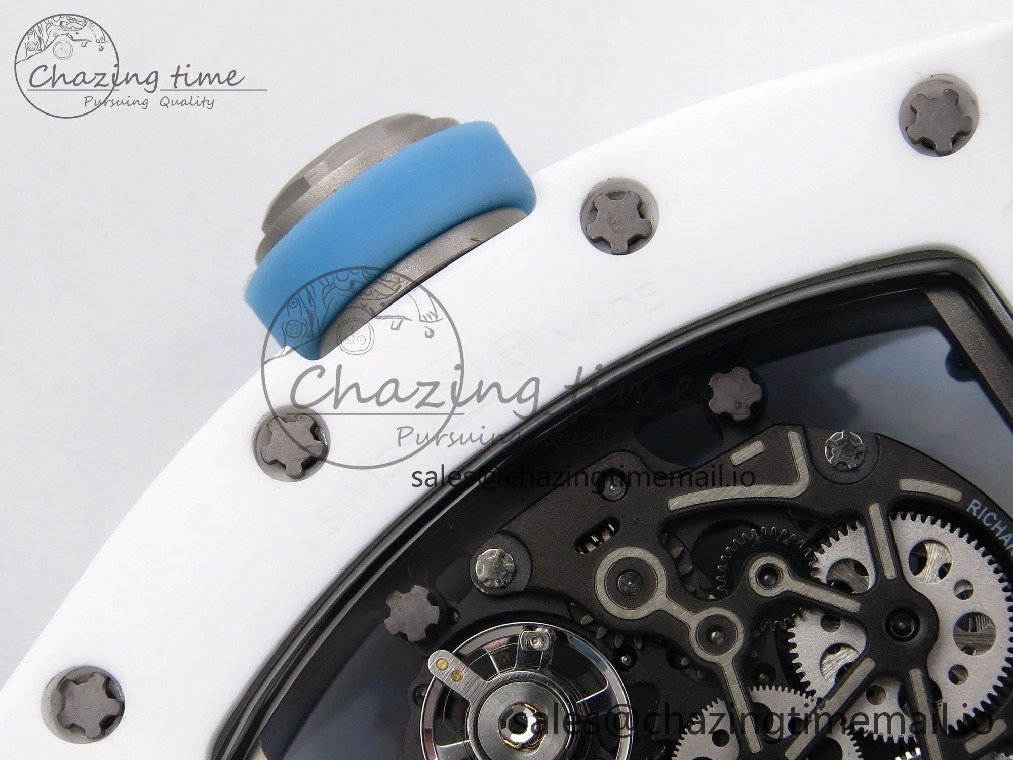RM055 White Ceramic T+F 1:1 Best Edition Blue Skeleton Dial on Blue Rubber Strap RMUL2 Super Clone